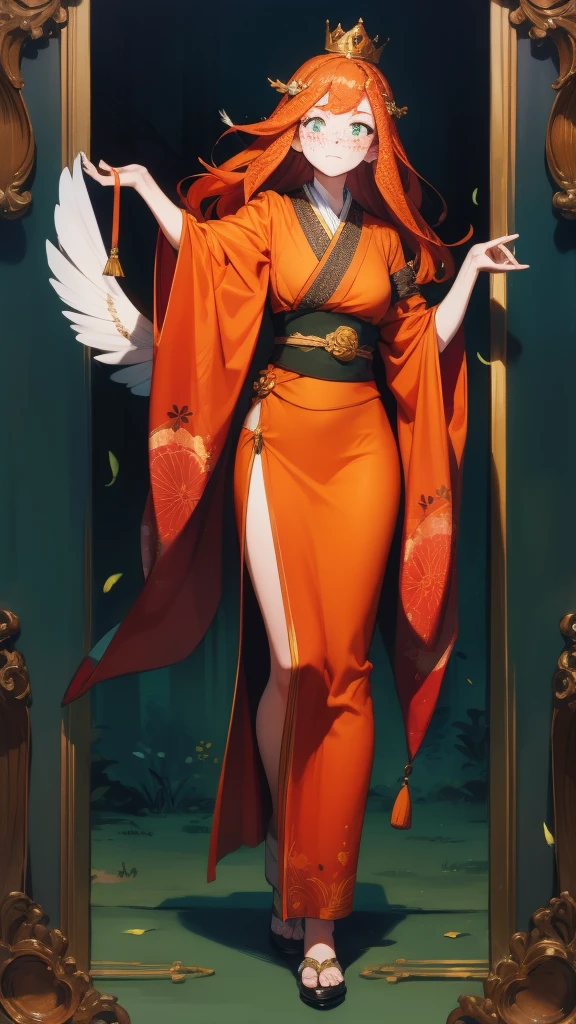 Full-body shot, 18 years old princess bard, (signing), striking figure, long ginger hair, wavy hairs, fair skin, (((freckles))), innocent and regal appearance, expressive eyes filled with curiosity and determination, slender frame, elegant grace, ornate orange kimono with black and white borders, feather crown, in a forest