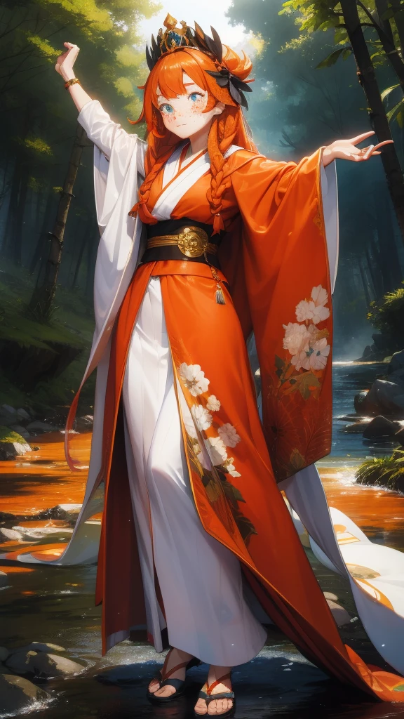 Full-body shot, 18 years old princess bard, (signing),  striking figure, long ginger hair, wavy hairs, fair skin, (((freckles))), innocent and regal appearance, expressive eyes filled with curiosity and determination, slender frame, elegant grace, ornate orange kimono with black and white borders, feather crown, in a forest