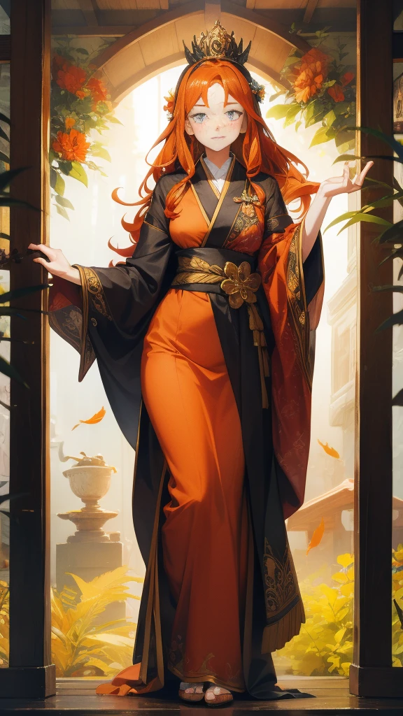 Full-body shot, 18 years old princess bard, (signing),  striking figure, long ginger hair, wavy hairs, fair skin, (((freckles))), innocent and regal appearance, expressive eyes filled with curiosity and determination, slender frame, elegant grace, ornate orange kimono with black and white borders, feather crown, in a forest