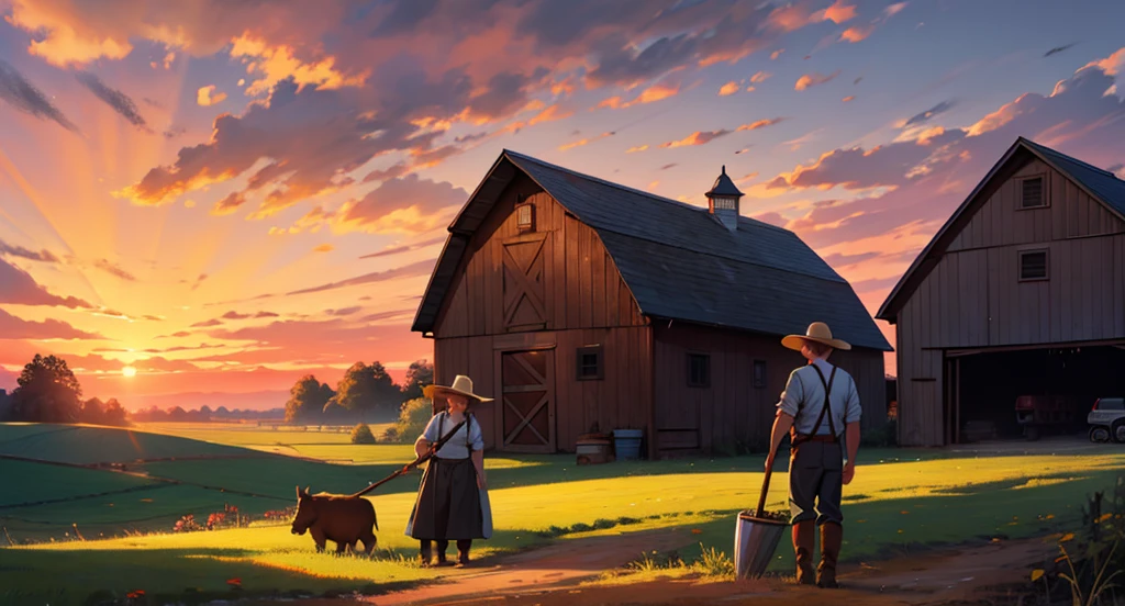 Man smiling on the farm, holding hoe, barn in background, crimson sky