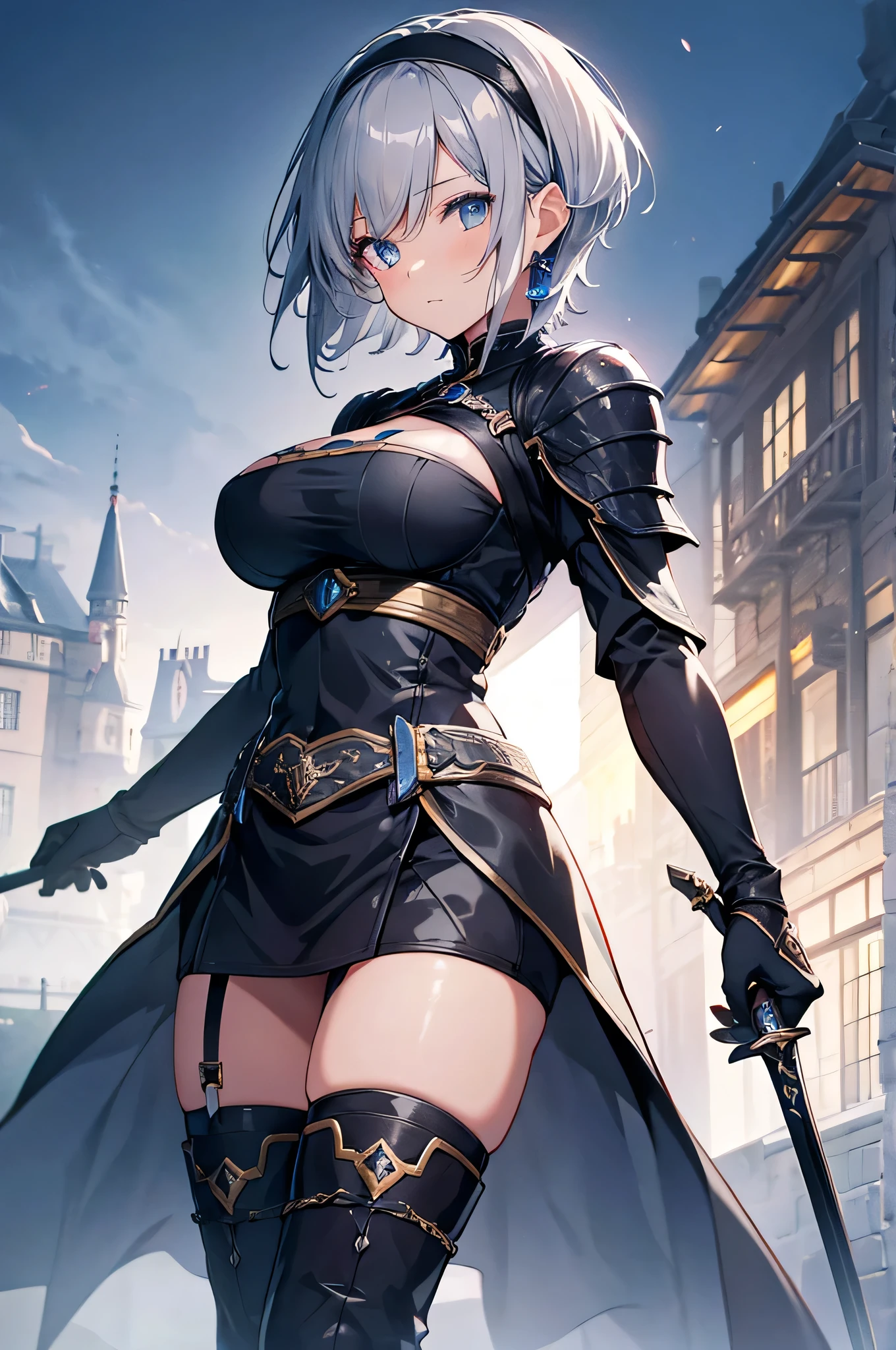4K,High resolution,One Woman,Grey Hair,Short Hair,Blue eyes,Big Breasts,knight,Black knight armor,Black gloves,Black boots,hair band,Jewelry decoration,Long sword,Medieval town