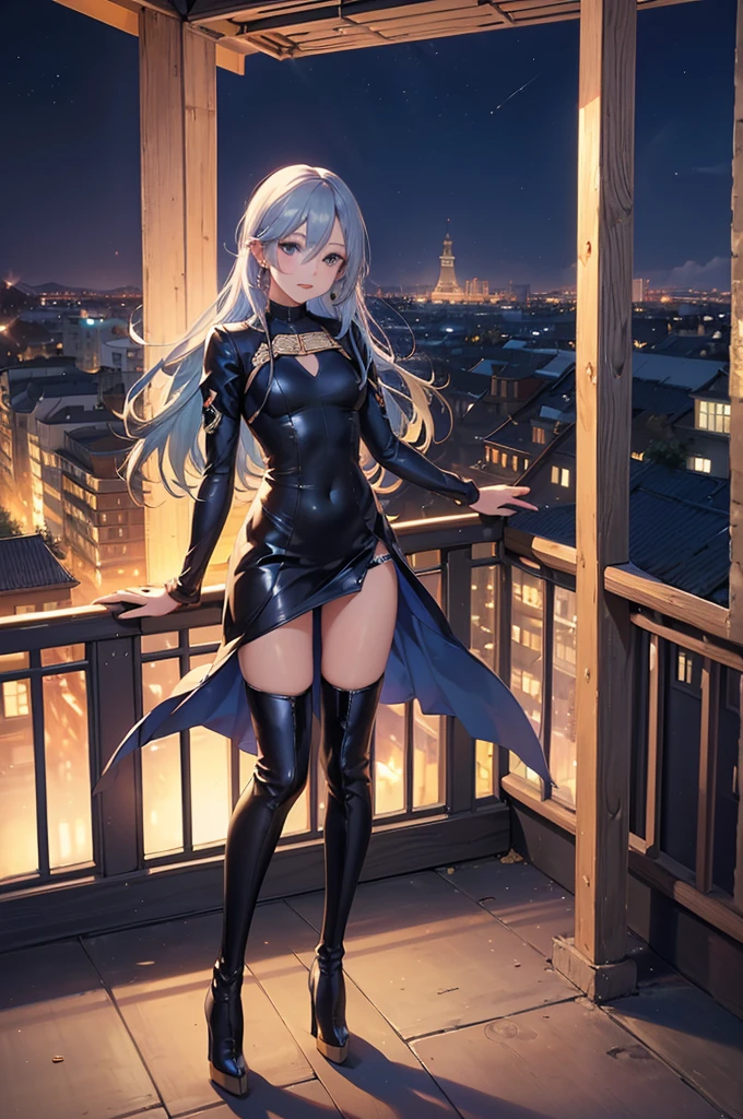 ((Biologically correct limb count)),(( From head to toe,Full-body photo including face)),4K,((Standing position)),masterpiece,((Focus on the face)),((Symmetrical facial features)),Eyes with detailed description,Beautiful woman,Great style,Beautiful arms,Beautiful legs,Beautiful Hands,(Small Ass,Thin thighs),Detailed depiction of the face,Small earrings,necklace,(Tight Dress((High heel long boots))),((evening,Looking out at the city from the school rooftop)),(((blue blonde))),Realistic photo,