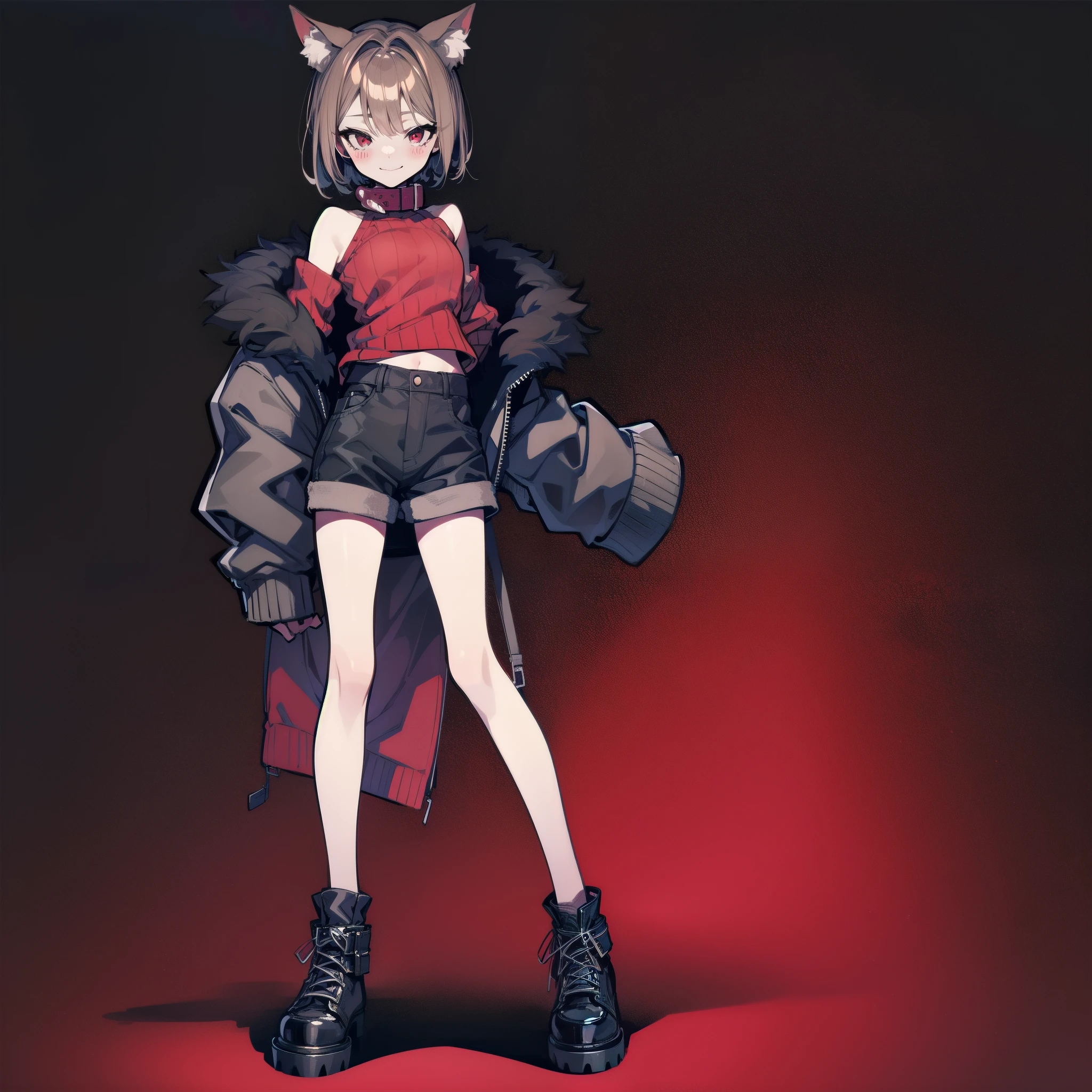 dark background，full body, standing,charaSF,smile, 1girl, solo, short hair, brown hair, red eyes, collar, black jacket, off shoulder, fur trim, red sweater, ribbed sweater, turtleneck, shoulder cutout, long sleeves, black shorts, blush sticker,dog collar,black shoes,bitdstyle monochrome,dark and red