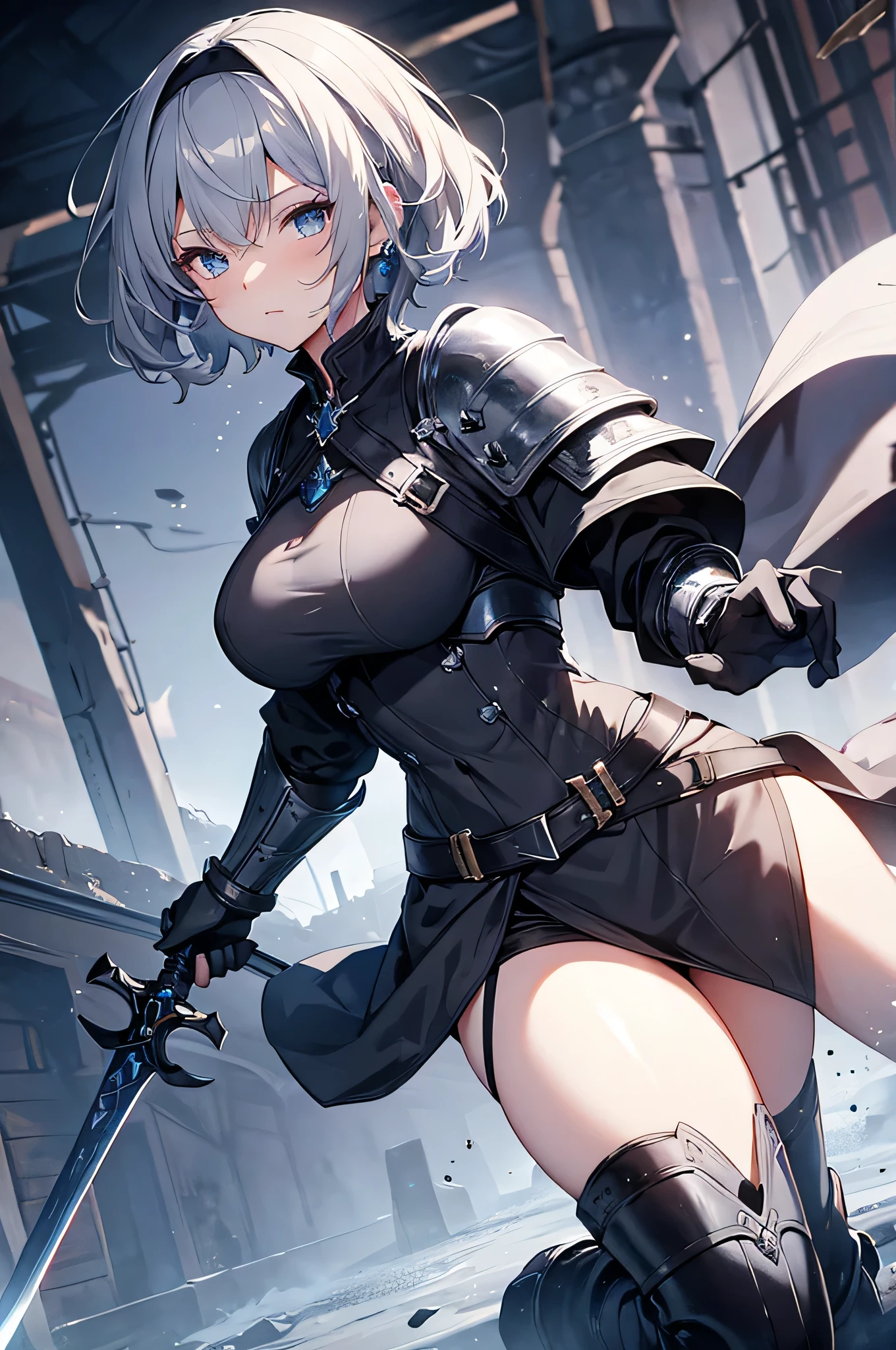 4K,High resolution,One Woman,Grey Hair,Short Hair,Blue eyes,Big Breasts,knight,Black knight armor,Black gloves,Black boots,hair band,Jewelry decoration,Long sword,Medieval town