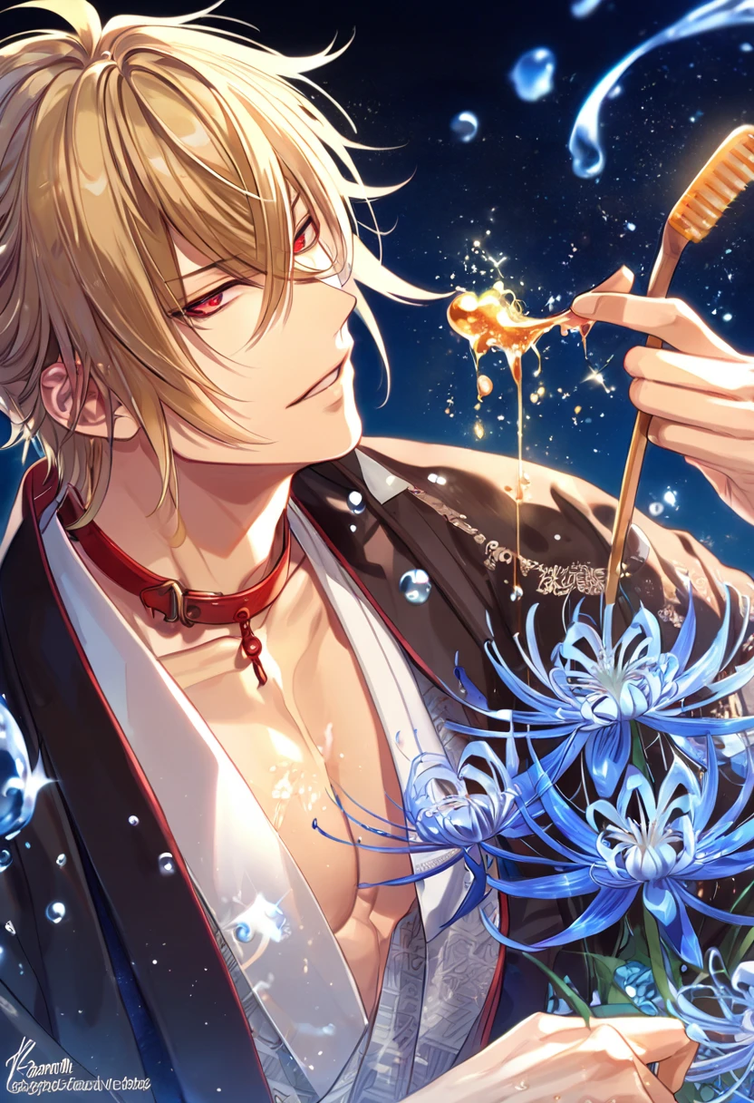 absurdres, highres, ultra detailed, HDR, master piece, best quality, extremely detailed, Kazama Chikage, honey blonde hair, expressive red eyes, Hakuouki, solo, sexy man, handsome, sensual, black haori, white kimono, brown and red collar, fantasy, water, sparkling, blue glittering fireflies, blue moon, blue blossoms, blue spider lilies, blue sparkling lights, starry sky, magical