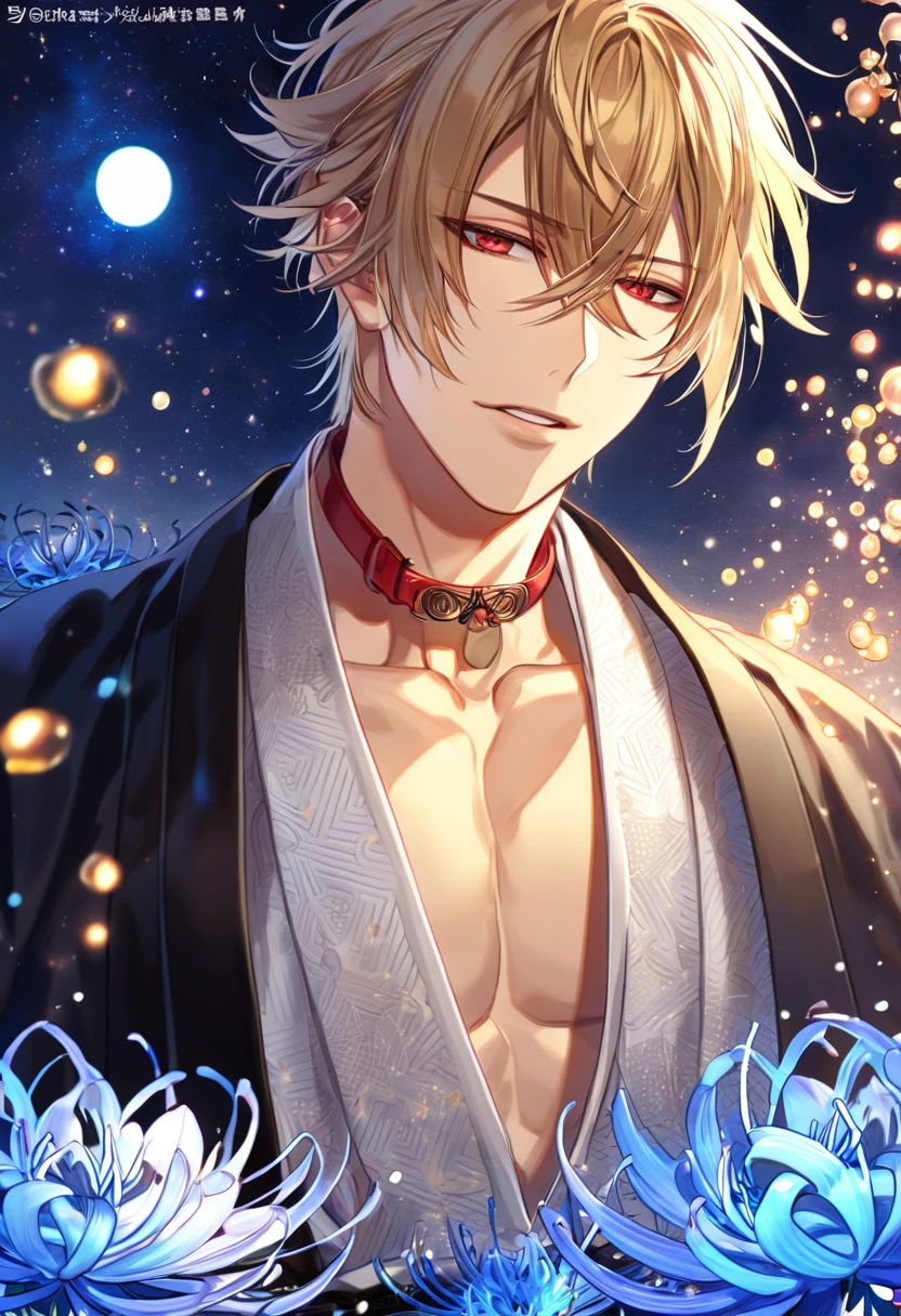 absurdres, highres, ultra detailed, HDR, master piece, best quality, extremely detailed, Kazama Chikage, honey blonde hair, expressive red eyes, Hakuouki, solo, sexy man, handsome, sensual, black haori, white kimono, brown and red collar, fantasy, water, sparkling, blue glittering fireflies, blue moon, blue blossoms, blue spider lilies, blue sparkling lights, starry sky, magical