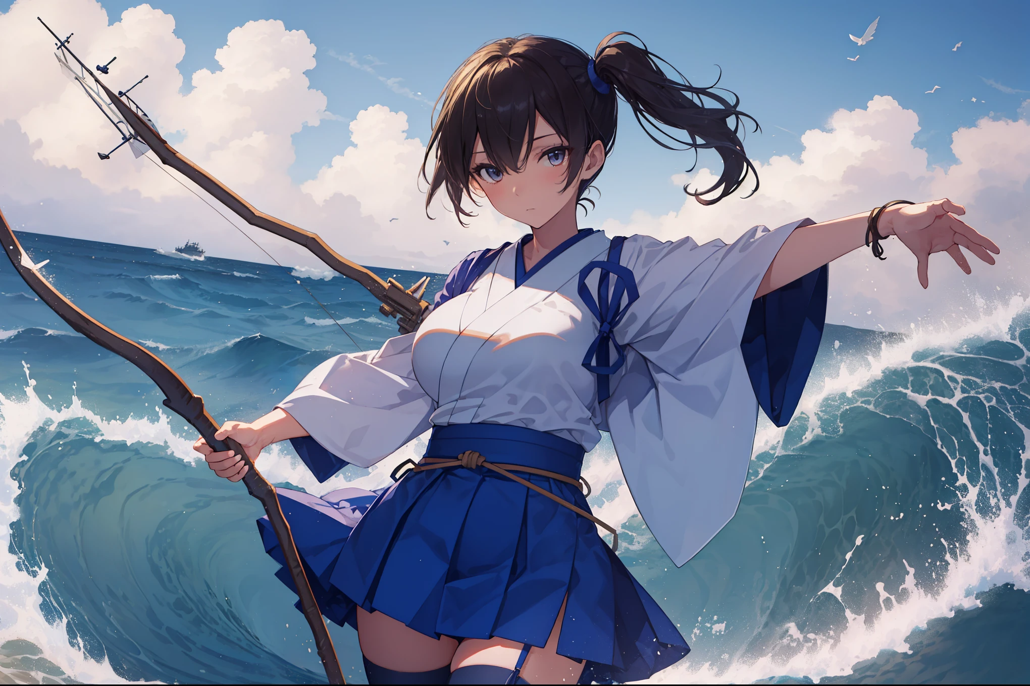 Kaga(Fleet Collection),highest quality, masterpiece, High resolution,kimono,blue skirt,side ponytail,big_breasts,solo,Japanese_bow&arrow,dynamic_posing,half_eyes,solo,plump,sea_landscape_background,waves