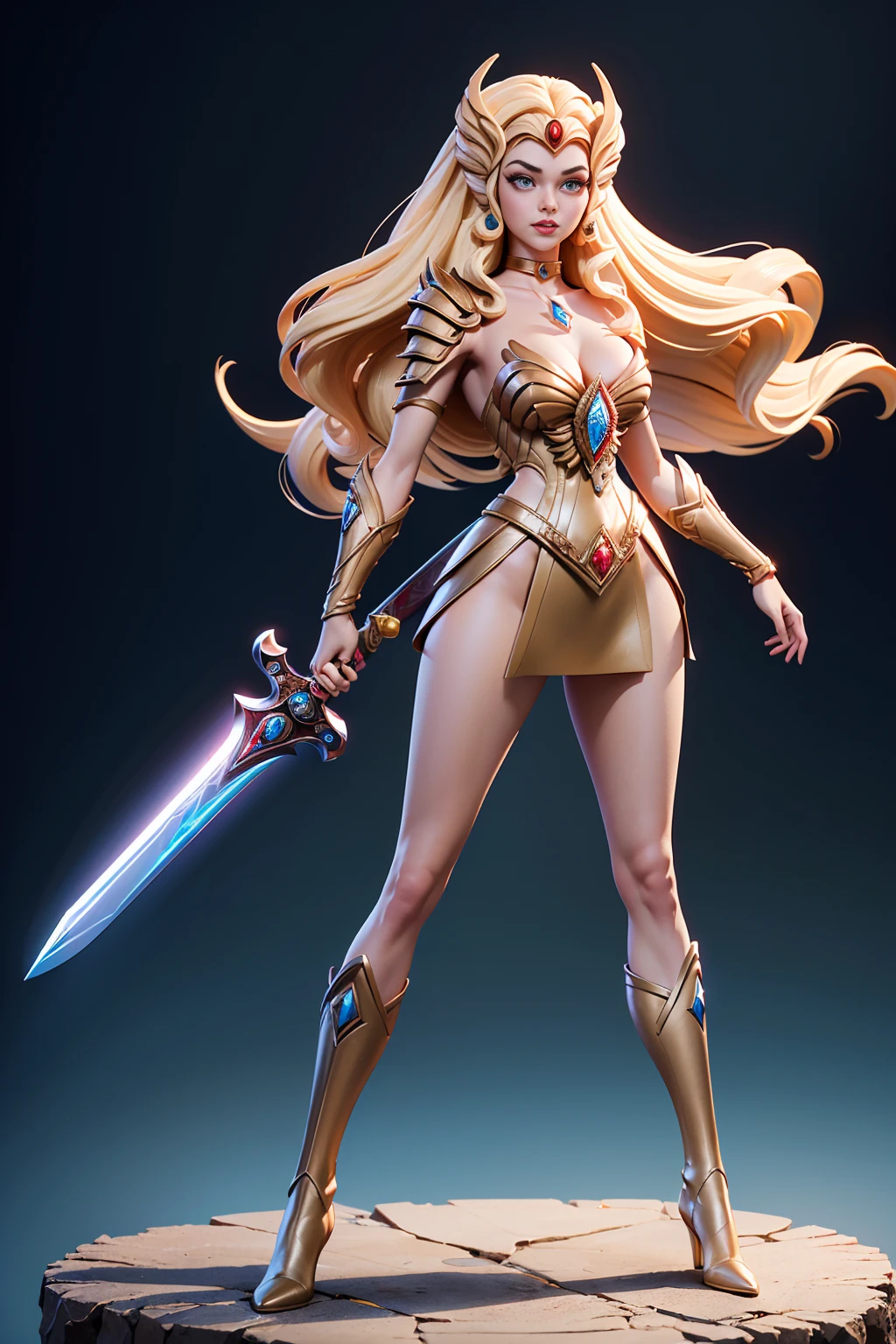 ((Full body photo,standing, feet on the ground))  Masterpiece, Ultra Detailed, Hard Drive, 8K, Photorealistic, 3dmm, !(a costumed woman holding a sword, She - RA, She-Ra, Powerful Girl, The Princess of Power, by Alan Davis, Intergalactic Princess, boots, Perfect Body , beautiful leaked image, giovanna day)
