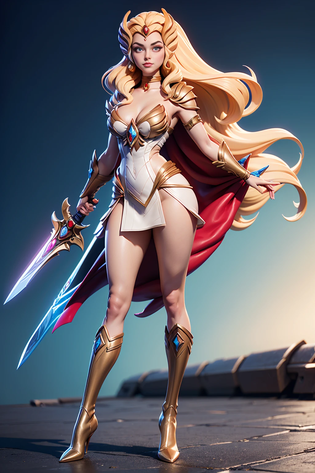 ((Full body photo,standing, feet on the ground))  Masterpiece, Ultra Detailed, Hard Drive, 8K, Photorealistic, 3dmm, !(a costumed woman holding a sword, She - RA, She-Ra, Powerful Girl, The Princess of Power, by Alan Davis, Intergalactic Princess, boots, Perfect Body , beautiful leaked image, giovanna day)
