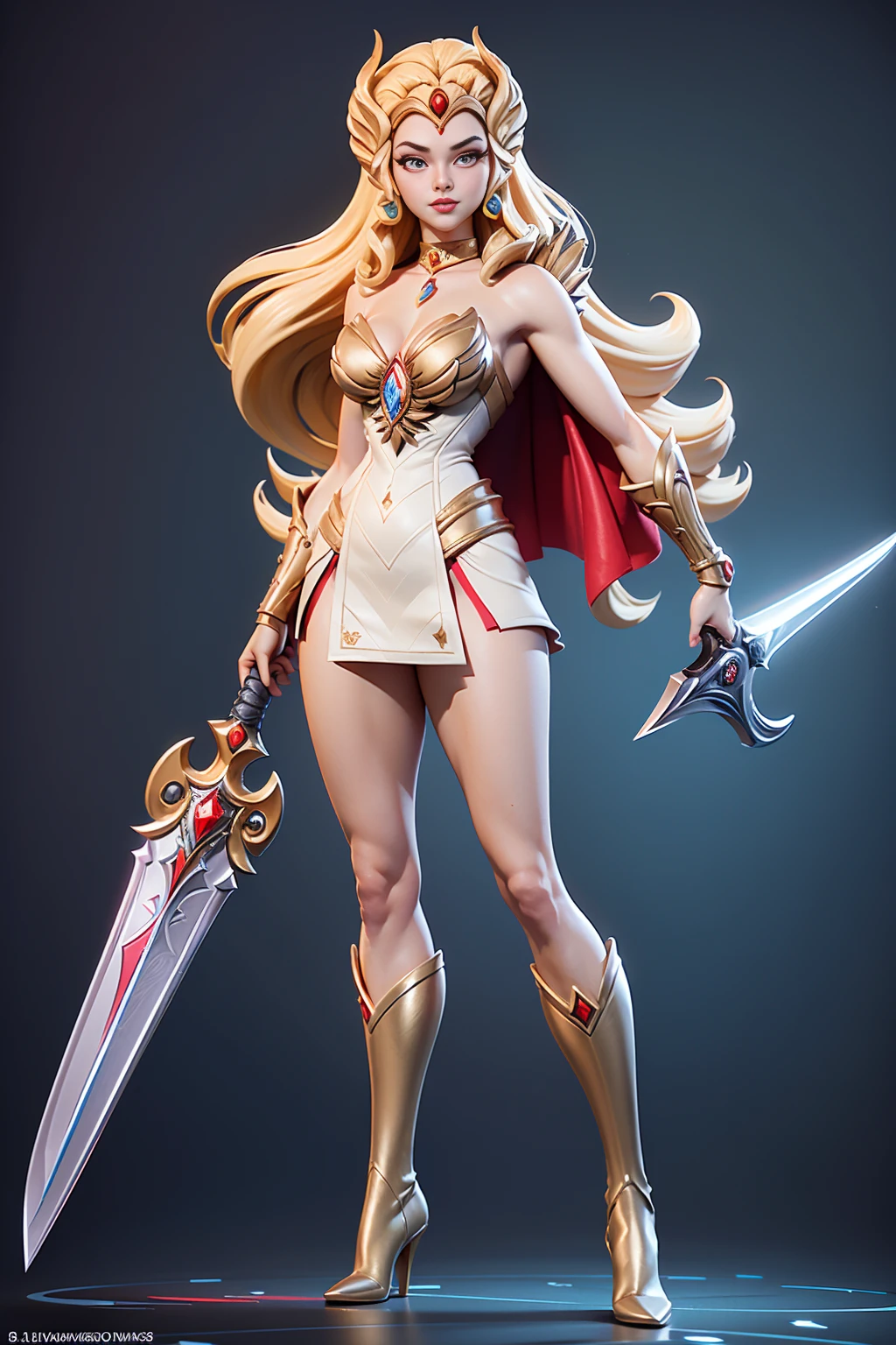 ((Full body photo,standing, feet on the ground))  Masterpiece, Ultra Detailed, Hard Drive, 8K, Photorealistic, 3dmm, !(a costumed woman holding a sword, She - RA, She-Ra, Powerful Girl, The Princess of Power, by Alan Davis, Intergalactic Princess, boots, Perfect Body , beautiful leaked image, giovanna day)
