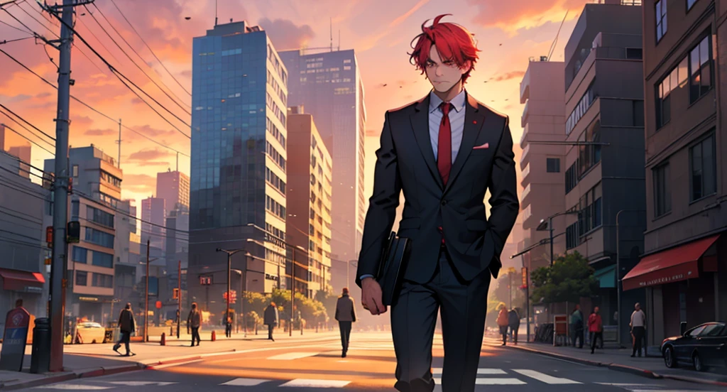 Sad man in the city, holding a briefcase, Building in the background, crimson sky