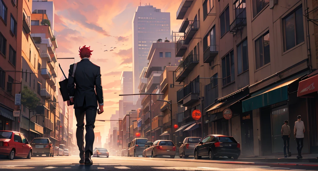 Sad man in the city, holding a briefcase, Building in the background, crimson sky