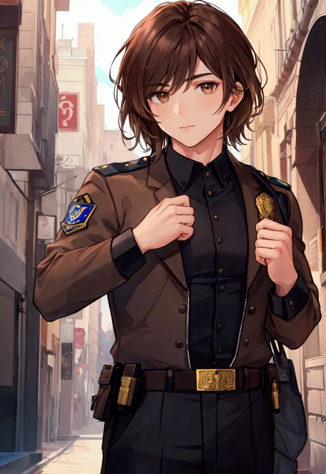 1 male, brown hair, brown eyes, policeman