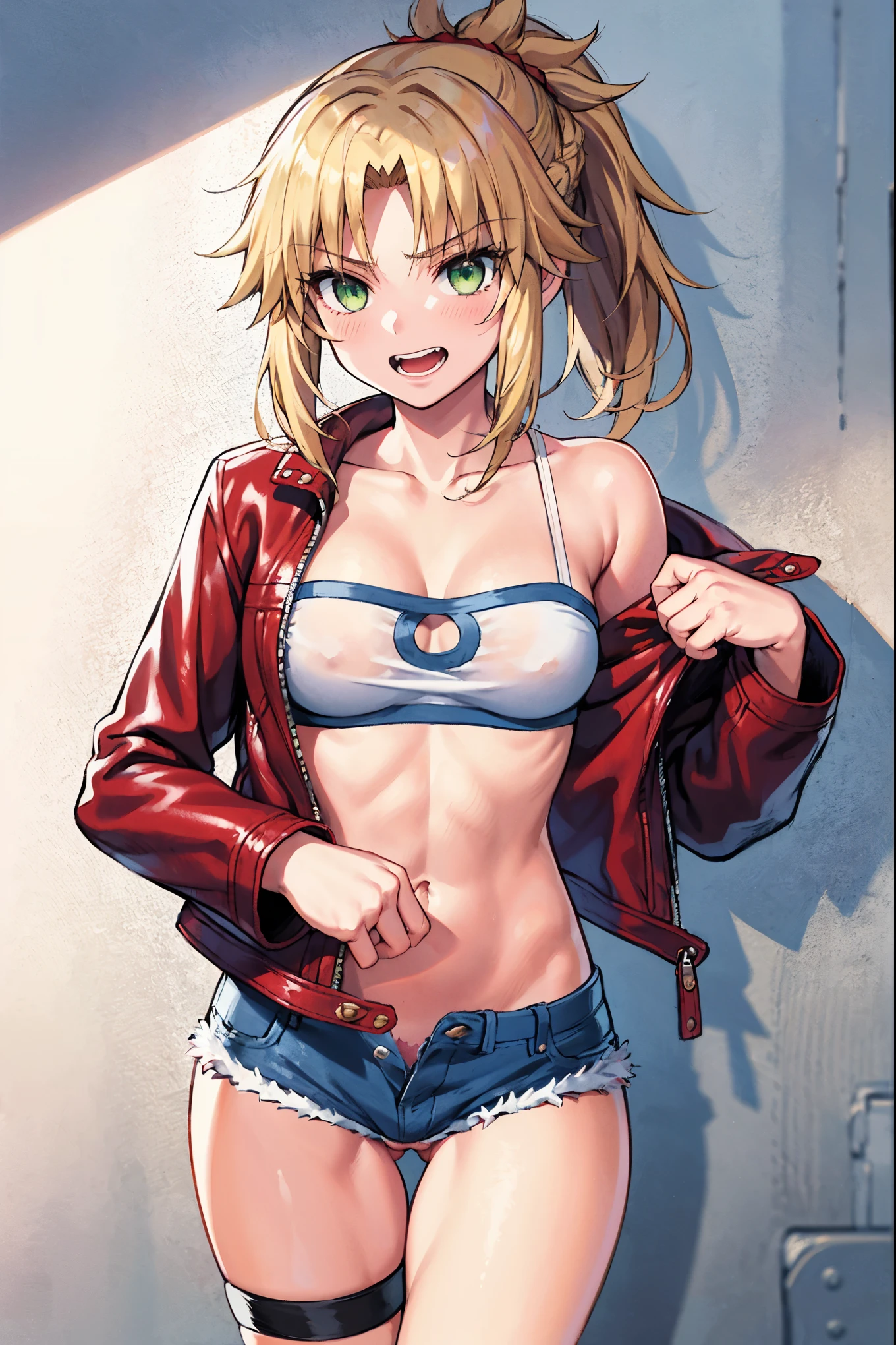 Masterpiece, Best Quality, illustration, city street, 1girl, Mordred \(fate\), cowboy shot, collarbone, Detailed blond hair ponytail braid, green eyes, Red leather jacket, White short blouse, denim shorts,navel,thigh-high, covered_pussy,skiny, laugh
