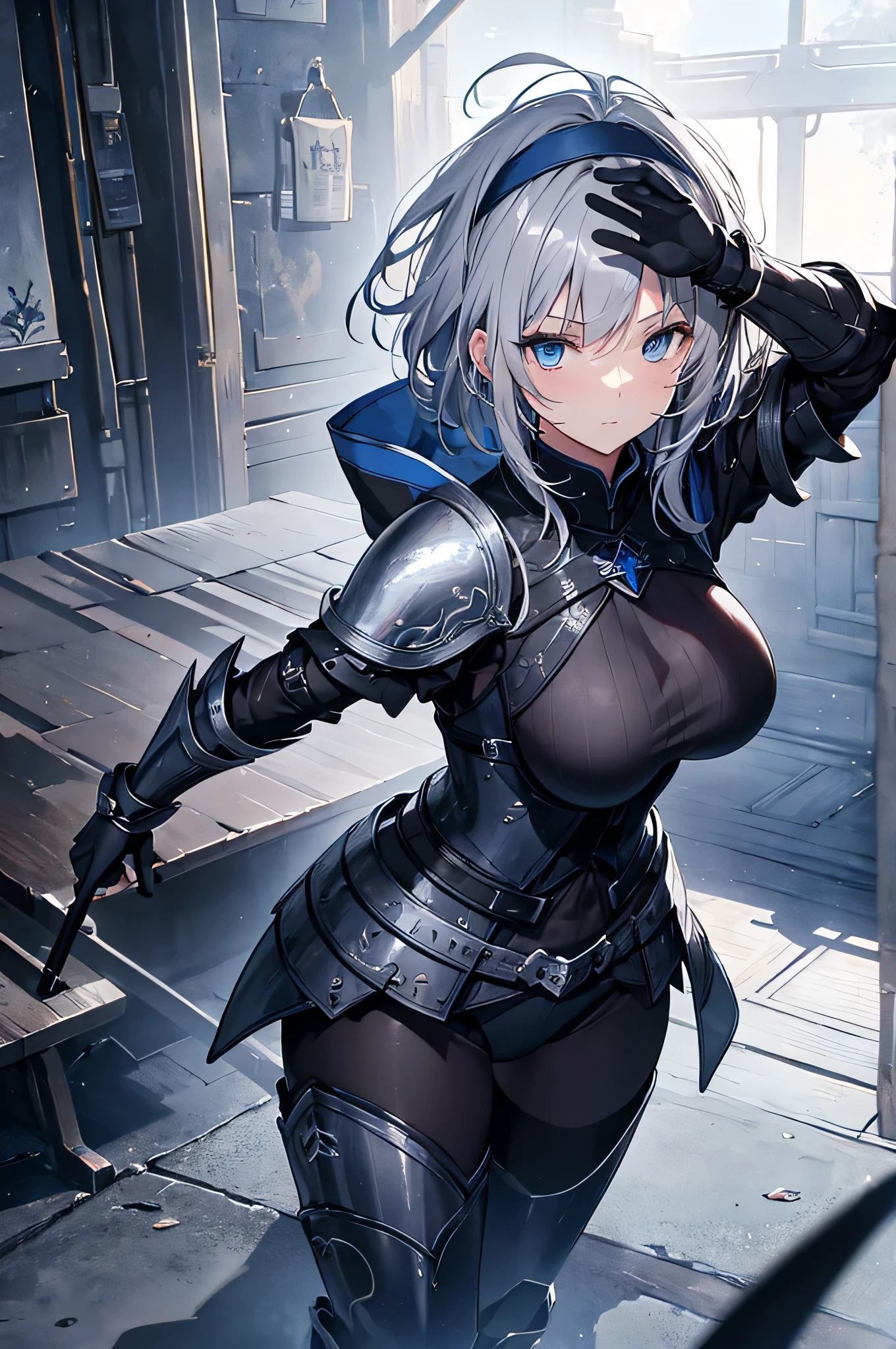 4K,High resolution,One Woman,Grey Hair,Short Hair,Blue eyes,Big Breasts,knight,Black knight armor,Heavy Armor,Full Armor,Black gloves,Black boots,hair band,Jewelry decoration,Long sword,Medieval town