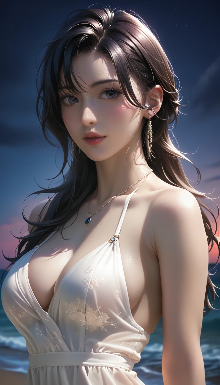 score_9, score_8_superior, score_7_superior, Masterpieces with up to 16K resolution,Highest quality,it is really amazing,Very detailed,Ultra-high resolution,(Ultra-realistic:1.1),(Realistic:1.1),Increased depth of field,Cinematic lighting,
Elegant Japanese MILF,
Long black hair,Ultra-detailed and beautiful faces,Translucent white skin,Very detailedな肌,
(Sexy Swimwear:1.1),
Artistic design,Beautiful and detailed pattern,Detailed fabric texture,
Gorgeous necklace,Earrings,
(Romantic evening coastal scenery:1.2),(Deserted beach:1.1),(A pitch black night sky with dark clouds:1.3),
(Cinematic Angle:1.3),
