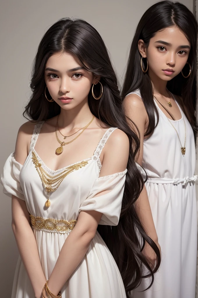 A brown girl, with long, voluminous black wavy hair. She has very light brown eyes, full lips and thin nose. She's low. She wears a flowery dress, a necklace with a sun pendant and gold hoops. next to her, there is a tall and strong boy. He has white skin, almost gray blue eyes, golden hair, with a marked jaw and an imposing look. Wear a white dress shirt and blue pants. Drawing that looks like it was done by hand.