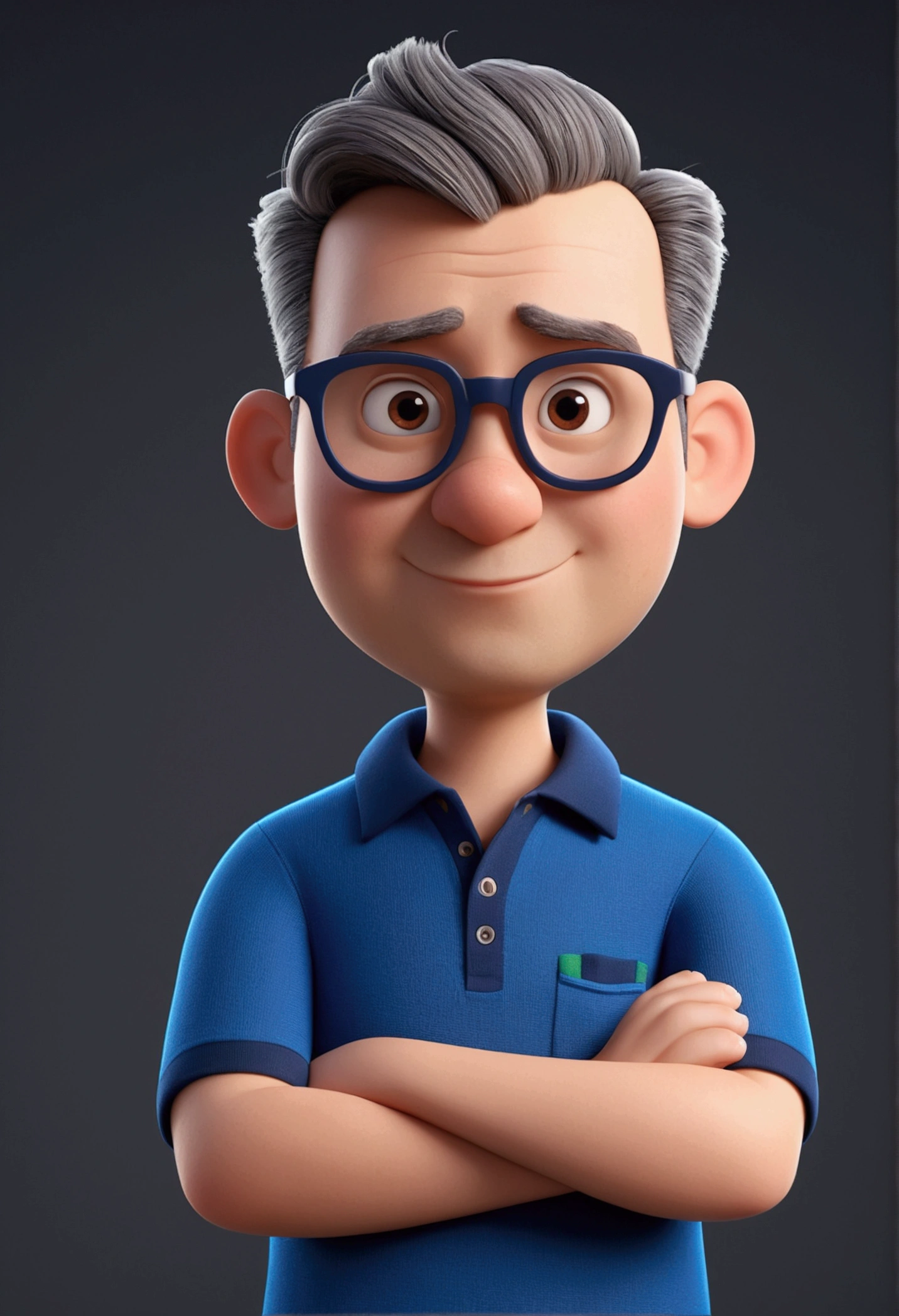 cartoon character of a slightly chubby man with almost no hair with a small gray beard, with square-style prescription glasses and a plain dark blue polo shirt, animation character, stylized character, animation style rendering, 3d stylized, Arnold Maya rendering, Stylized 3D rendering, toon render screenshot, 3d character, 3d character, Stylized 3D rendering, 3D character rendering, cartoon character, Personagem de close up, character posing, (Pixar-style) (master part:1.2) (bokeh) (best qualityer) (skin detailed) (detailed texture) (8k) (Argilla) (cinematic lighting) (sharp focus) and white character background