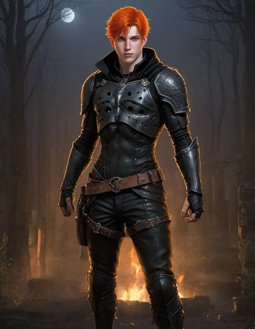 (Pathfinder art:1.2), (masterpiece, best quality), intricate details, 1boy, single character, orange hair, pale skin, freckle, necklace, black rogue armor, boots, leather pants, black hood, piercing, full body, night 