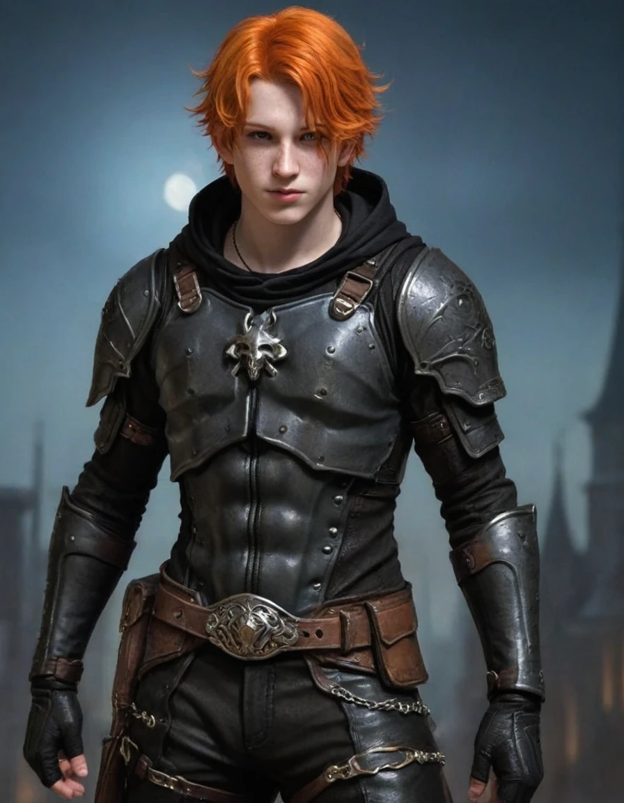 (Pathfinder art:1.2), (masterpiece, best quality), intricate details, 1boy, single character, orange hair, pale skin, freckle, necklace, black rogue armor, boots, leather pants, black hood, piercing, full body, night 