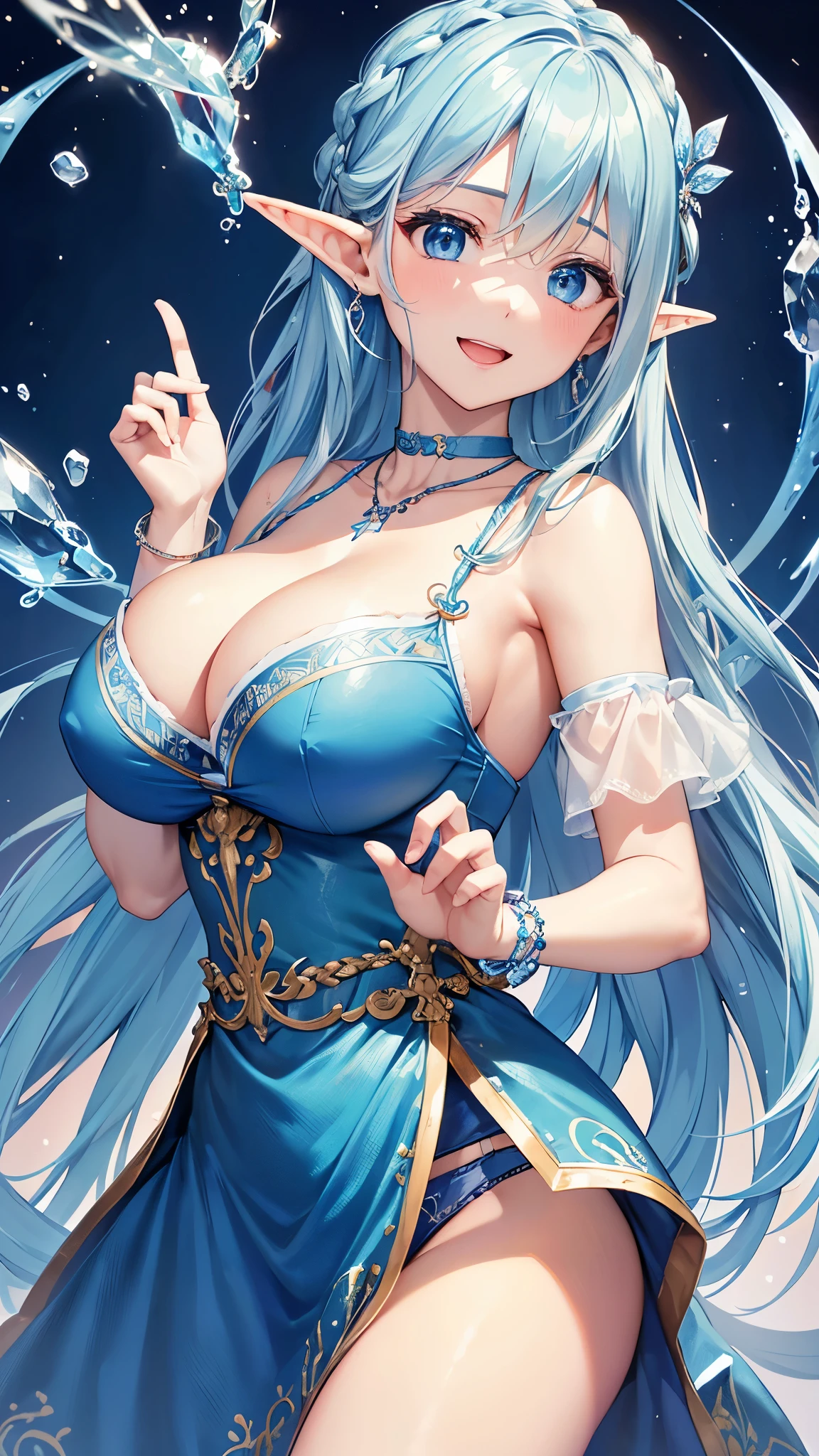 Highest quality、Highest quality、masterpiece、(8k resolution),beauty(Age 25)、(Mature Appearance)、Light blue long hair(Braiding of sides)、blue eyes、(Blue underwear with detailed embroidery)、(Elf)、Big cleavage、((Very large breasts))、smile、blue necklace、Blue Earrings、background(ice)、Please open your mouth wide、bracelet、Dynamic pose、Blue choker、