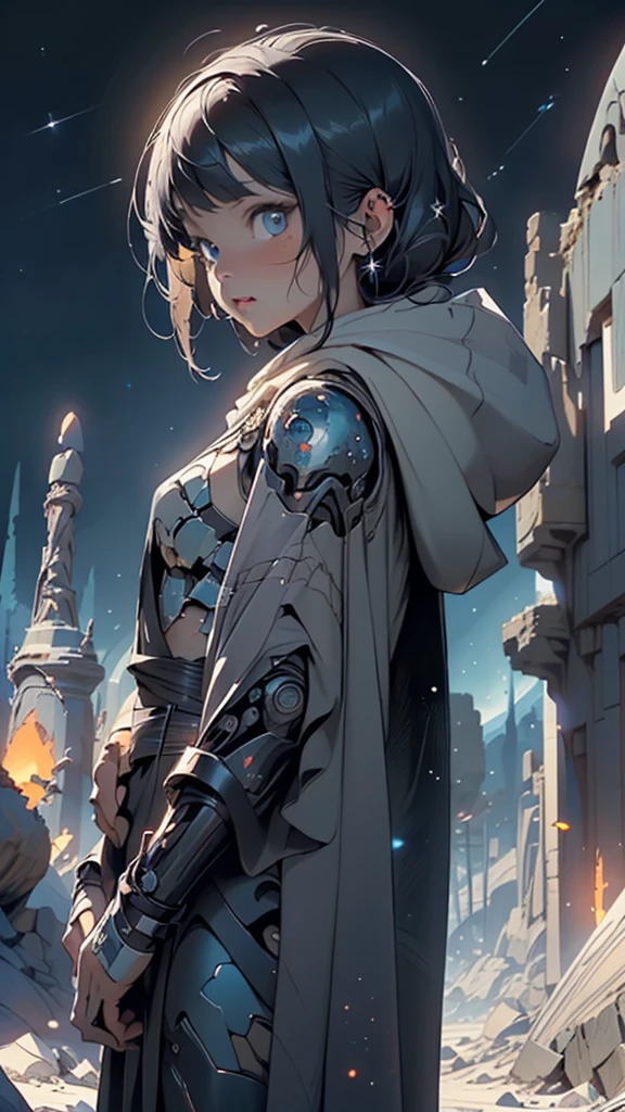 ((robot, cyborg)),((metal mask,robot face)),Shiny metal skin,Mechanical body parts,Mechanical gears and gears, (devoid of mouth), (Meticulous, Surgical precision),two bright eyes,

((wearing dark robes and cloak)),((hooded)),

((Fantastical Bridge Ancient:1.5, dark stone-built, Glowing blue:1.5)),((Starry sky,Unknown constellations)),(Night, Silence,Mystery),((Dark tones in the background)),((broken earth,asteroid field:1.5)),(jagged dark rocks boulders and debris shooting into the air:1.3),Extraterrestrial scenery,dark asteroid belt,surrounded by several dark asteroids glowing with fiery auras, vast and mysterious universe,cosmic landscape,mysterious planet,scenery:1.25,((intricate scenery)),(black background, stars that do not shine, sense of space),

(Glossy Ancient ornaments),highres,sharp focus,(ultra detailed,extremely detailed),(photorealistic artwork:1.37),(extremely detailed CG unity 8k wallpaper),(((vibrant colors,vibrant theme))),(intricate),(masterpiece),(best quality),artistic photography,(photography taken by sldr),(intricate background),((intricate detail)),(((realism))),
