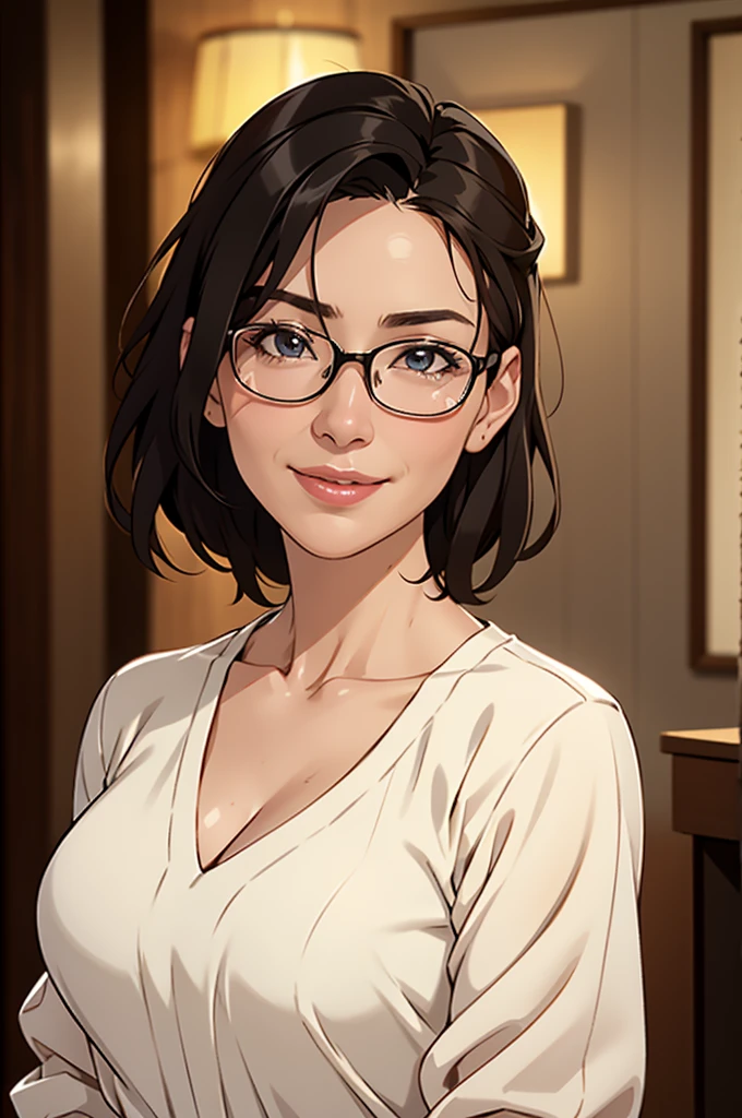 8k, highest quality, masterpiece, Realistic, Photorealistic, Ultra-detailed, Natural light, large breasts with good shape, I can see her cleavage, 1 person, 40-year-old woman, Black Hair, Beaver, Straight Hair, Silver-rimmed glasses, (Look at the viewers), Knitted V-neck shirt, Highly detailed face and skin, Detailed eyes, Highly detailed face and skin,日Book人,Mature Woman,Book,A big smile