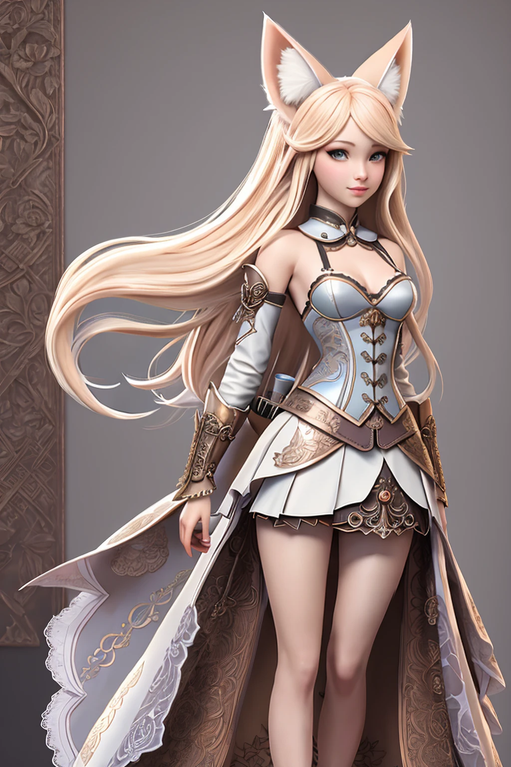 ((full-length photo, standing, feet on the ground)) 1girl in, ager, Solo, Aesthetic artwork, blond, straight blonde hair, super long blonde hair, light blue eyes, some small freckles, pale skin, A-cup, (large fox ears:1.25), small breasts, runners body, (thin hips, thin waist: 1.25), detailed skin, shy smile, wearing a steampunk outfit with lace, leather corset, ornamental copper parts, portrait, pleated skirt, 50mm, 8k textures, soft cinematic light, RAW intricate, elegant, highly detailed, sharp focus, ((((cinematic look)))), soothing tones, insane details, intricate details, hyperdetailed, low contrast, soft cinematic light, dim colors, exposure blend, hdr, faded