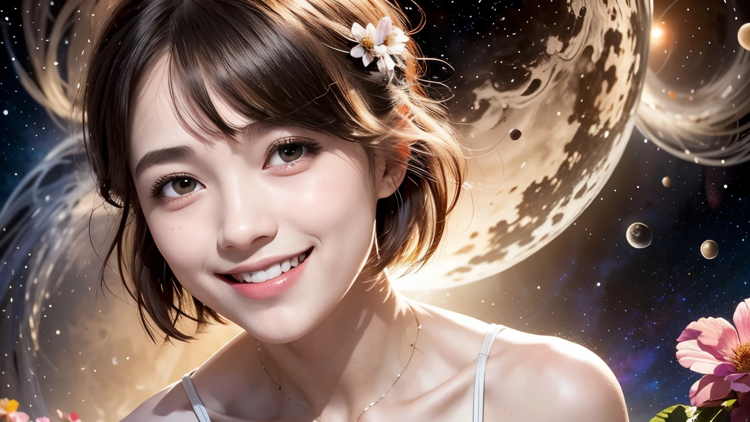 258 19-year-old female, (short hair),(Abstract background,universe), smile, flower