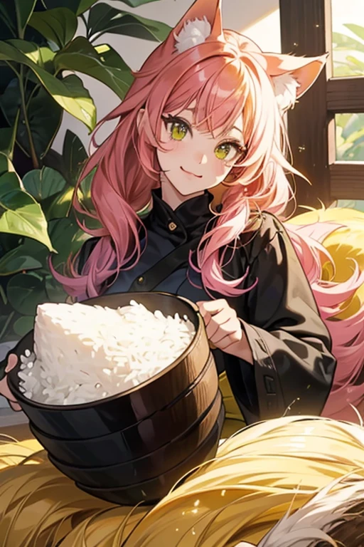 White rice with a basic face and black girl cat whiskers. She has a huge pile of avocado on top of her head, along with pink ginger slipping down and a pair of yellow cat ears put on the avocado pile. SPARKLE; GLITTER