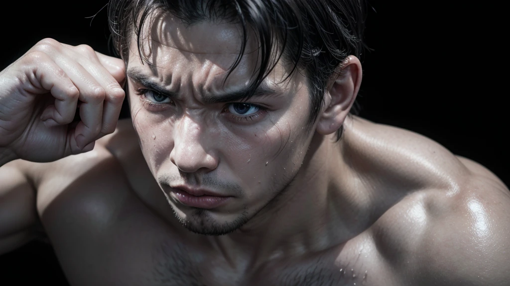 sweaty man with impactful expression, gaping mouth, Claw, strength, man strong, Realistic look, training, black and white fighter 
