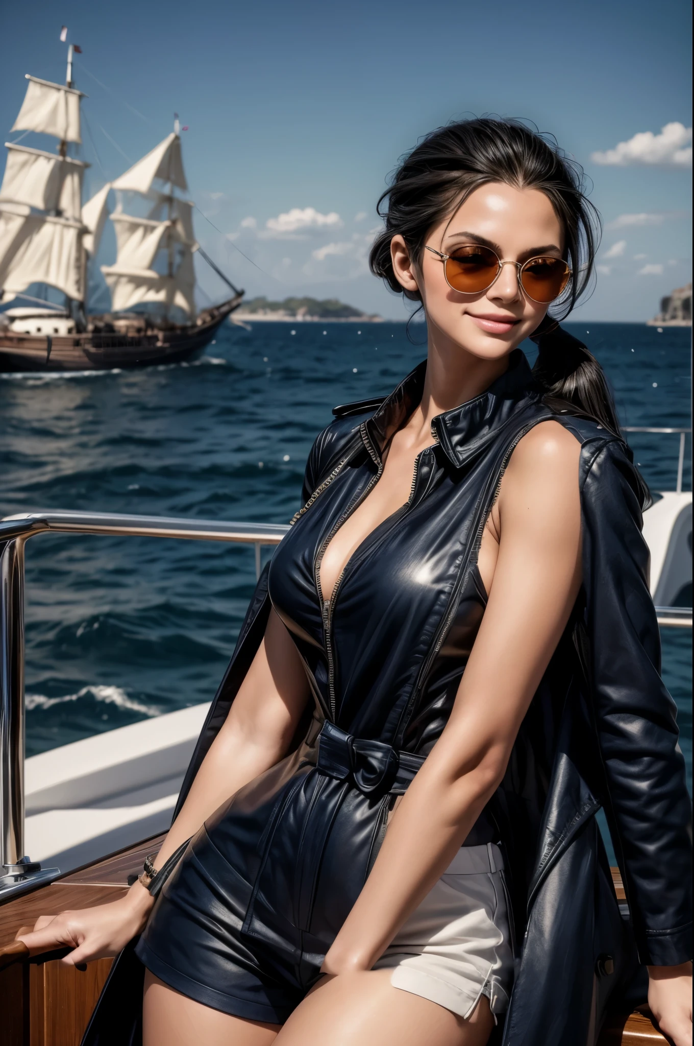 masterpiece, best quality, extremely detailed, hyperrealistic:1.1, photorealistic, a beautiful 20s russian model, ultra detailed face:1.1, sunglasses on head:1.1, navy trench coat:1.1, shorts, high pony tail, black hair, on ultra detailed yacht, in the sunshine, smiling, eye closed, own hands together:1.1, dynamic posing, dynamic angle:1.1