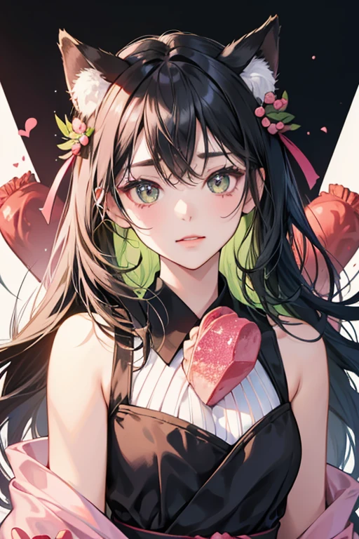 A Sushi girl Num with a basic face. sHe is made from rice wrapped in seaweed decorated with cucumber cat ears on top. Her filling is a pink heart made from meat. SPARKLE; GLITTER