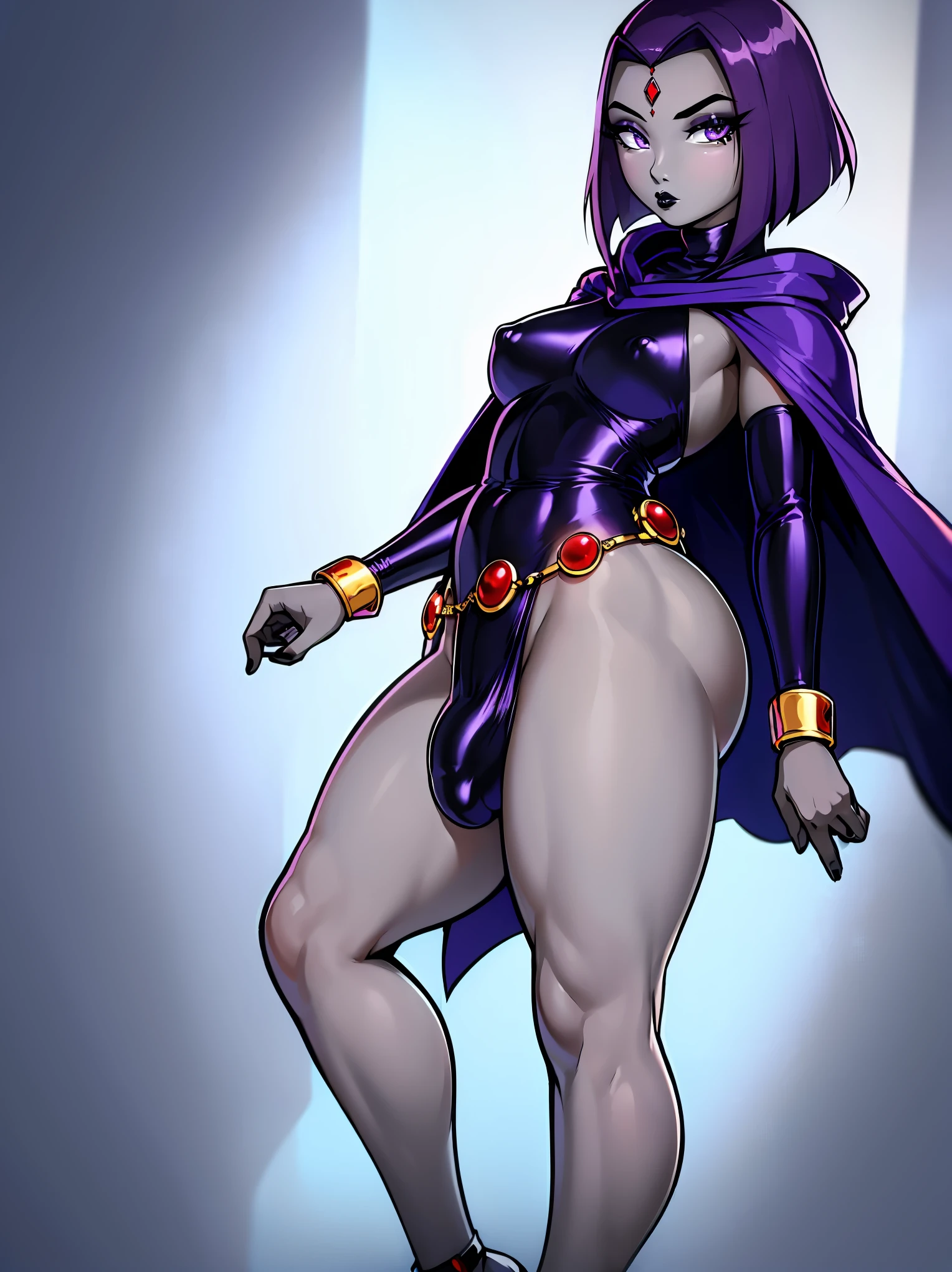 (solo:1.1),(masterpiece), (best quality:1.3), ultra detailed, intricate, professional art, digital art, absurdres, shadraven, (Full body view:1.1), 1girl, solo, (grey skin:1.4), dark purple hair, bob hair, dark purple eyes, hips wider than shoulders, pear shaped body, jewellery, detailed thighs, thick thighs, red jewel in forehead, jewels, (long sleeved turtleneck leotard:1.3), cuffs, small breasts, nipple bulge, (shadraven long cloak), (Shadraven broach:1.2), Shadraven jewel belt, Shadraven wearing a long sleeved leotard, long legs, ( long crotch bulge:1.4), large penis, large testicles, side view, looking at viewer, bubble butt , gluteal crease, universal lighting,,
