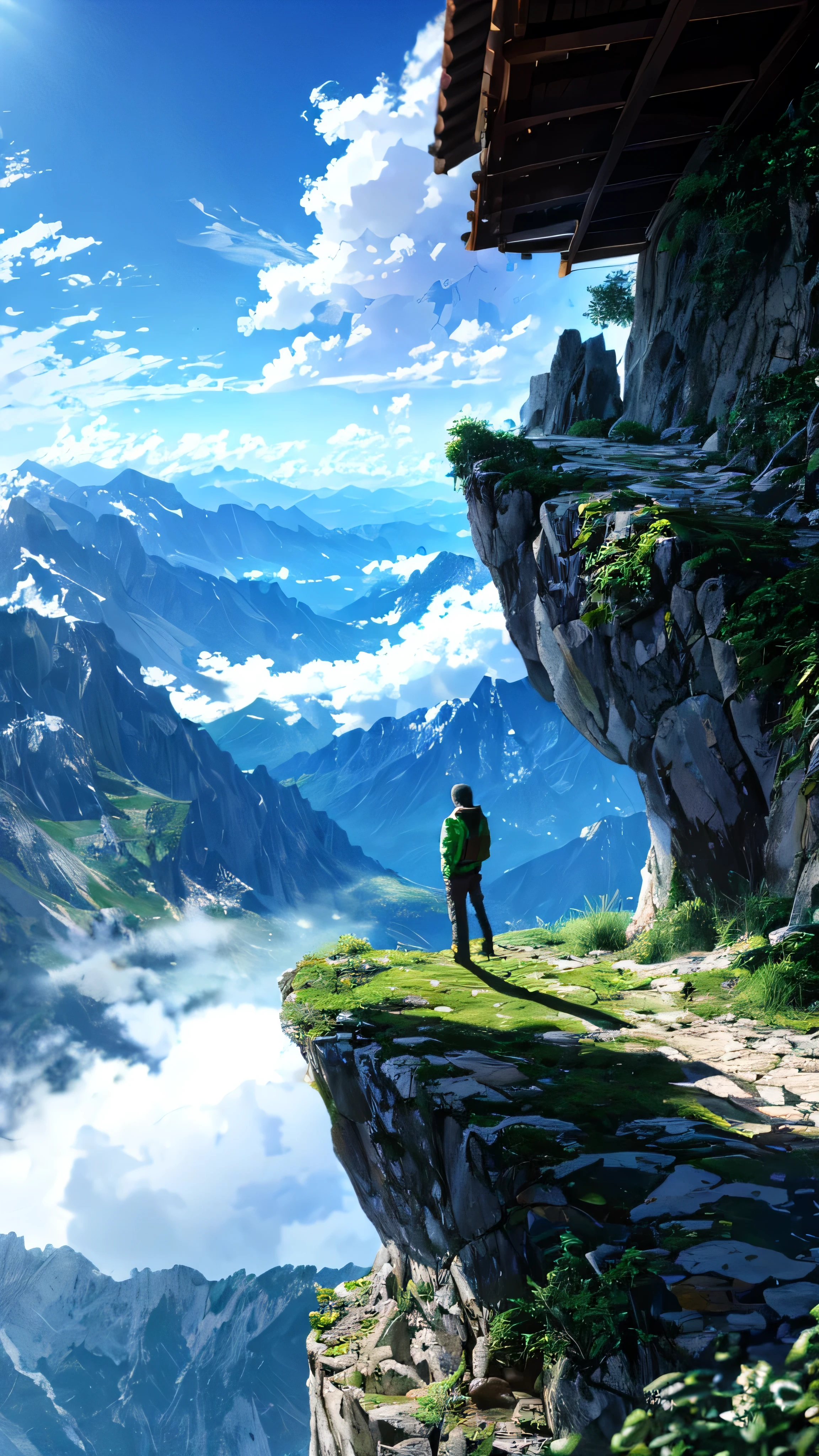 guy standing on a rock looking out over the mountains, on the top of a mountain, on top of a mountain, looking at the mountains, at the top of a mountain, in mountains, standing atop a dusty mountaintop, man standing facing away, standing alone, standing on mountain, sitting on rocks, high in mountains(man seeing greenery view)(bright blue shinning sky)(borkeh effect)