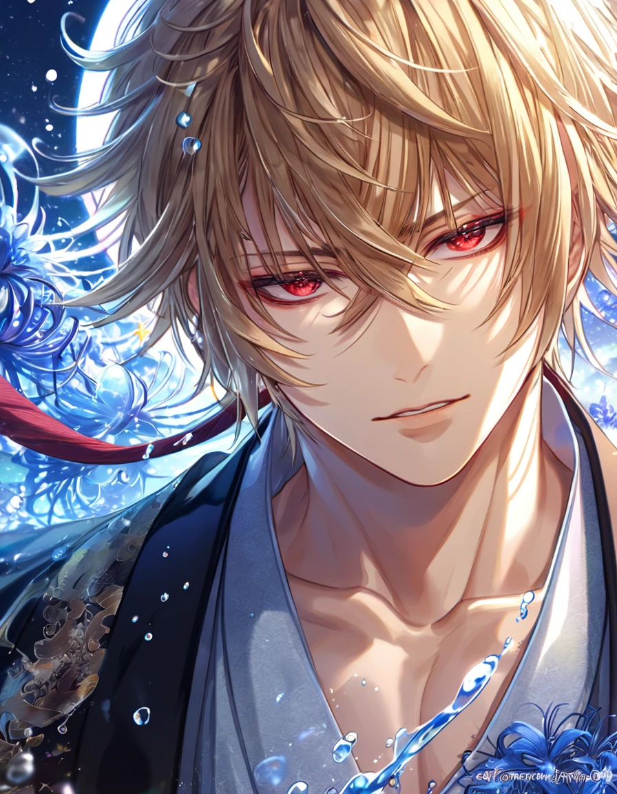 absurdres, highres, ultra detailed, HDR, master piece, best quality, extremely detailed, Kazama Chikage, honey blonde hair, messy hair, expressive red eyes, Hakuouki, solo, sexy man, handsome, sensual, black haori, white kimono, brown and red collar, fantasy, water, sparkling, blue glittering fireflies, blue moon, blue blossoms, blue spider lilies, blue sparkling lights, starry sky, magical