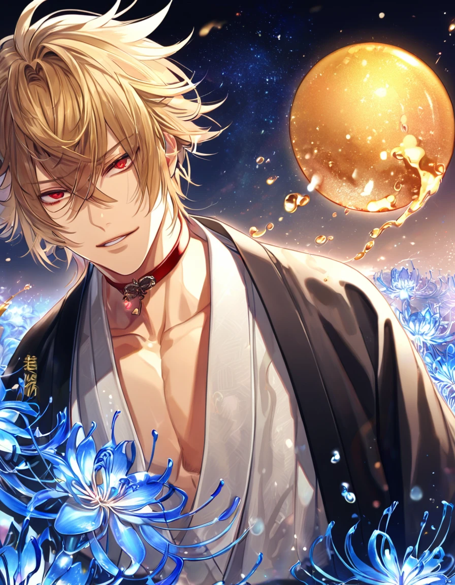 absurdres, highres, ultra detailed, HDR, master piece, best quality, extremely detailed, Kazama Chikage, honey blonde hair, messy hair, expressive red eyes, Hakuouki, solo, sexy man, handsome, sensual, black haori, white kimono, brown and red collar, fantasy, water, sparkling, blue glittering fireflies, blue moon, blue blossoms, blue spider lilies, blue sparkling lights, starry sky, magical
