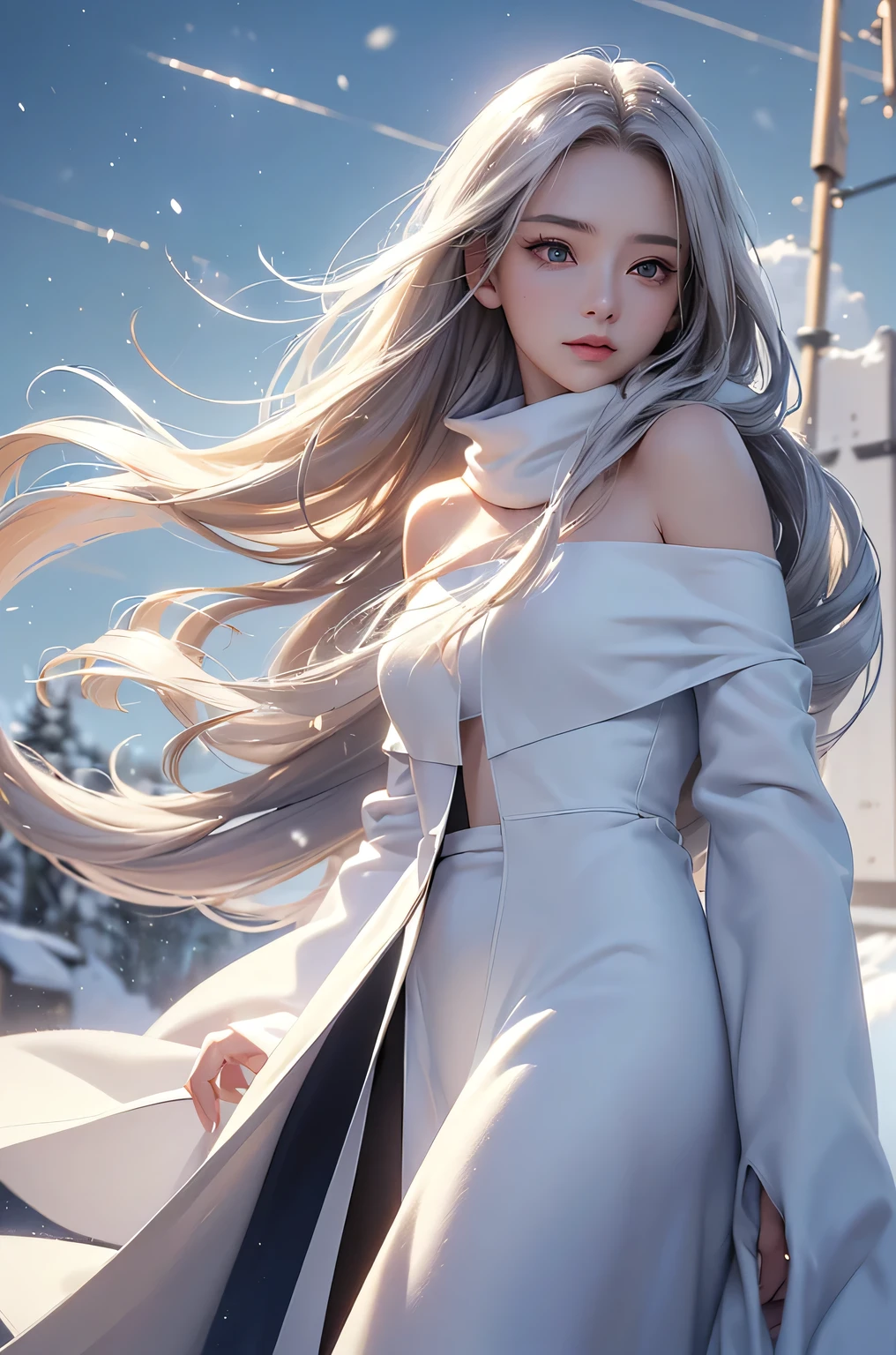 ((masterpiece:1.5、8k、Portraiture、フォトリアリスティックでVery detailedなCG、Very detailed、Particle Effects、Dynamic Effects、Shallow depth of field、Cinematic Light、Lens flare、Ray Tracing、Tabletop、Realistic:1.4、Ultra-high resolution:1.2、Realistic、Realistic))((alone、 off shoulder knit sweater、long skirt、Elegant woman posing、Detailed face、bright表情、young, bright, Whiter skin、Ample breasts、Best Looks、Ultimate beauty、Shiny silver hair with highlights、bright and shiny hair,、Super long, Silky straight hair、Hair dancing in the wind))(morning、The setting is outdoors in the snow、Surrounded by illuminations). from behind:1.5, look back
