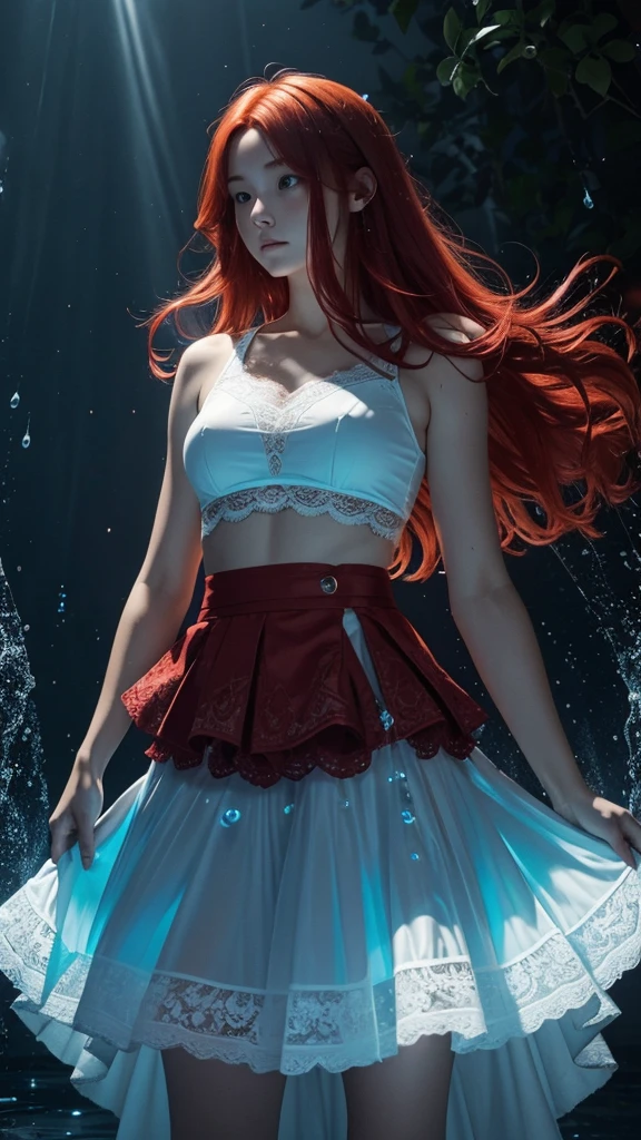 Red haired young woman wearing a Billowing skirt, the skirt is made out of light blue glowing water drops, defined waistband, and lace added, dark lighting, glowing water