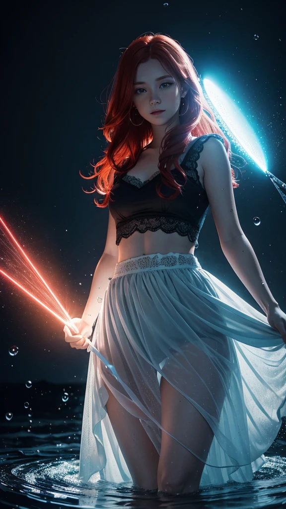 Red haired young woman wearing a Billowing skirt, the skirt is made out of light blue glowing water drops, defined waistband, and lace added, dark lighting, glowing water