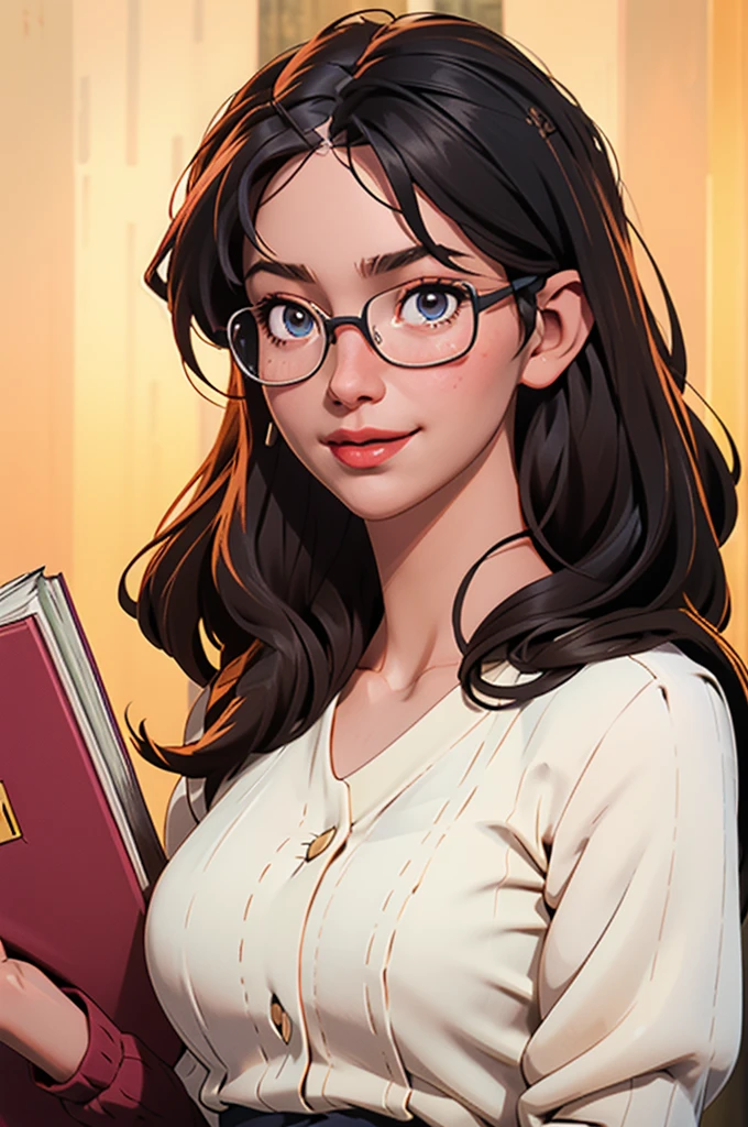 8k, highest quality, masterpiece, Realistic, Photorealistic, Ultra-detailed, Natural light, large breasts with good shape, I can see her cleavage, 1 person, 40-year-old woman, Black Hair, Beaver, Straight Hair, Silver-rimmed glasses, (Look at the viewers), Knitted V-neck shirt, Highly detailed face and skin, Detailed eyes, Highly detailed face and skin,日Book人,Mature Woman,Book,A big smile