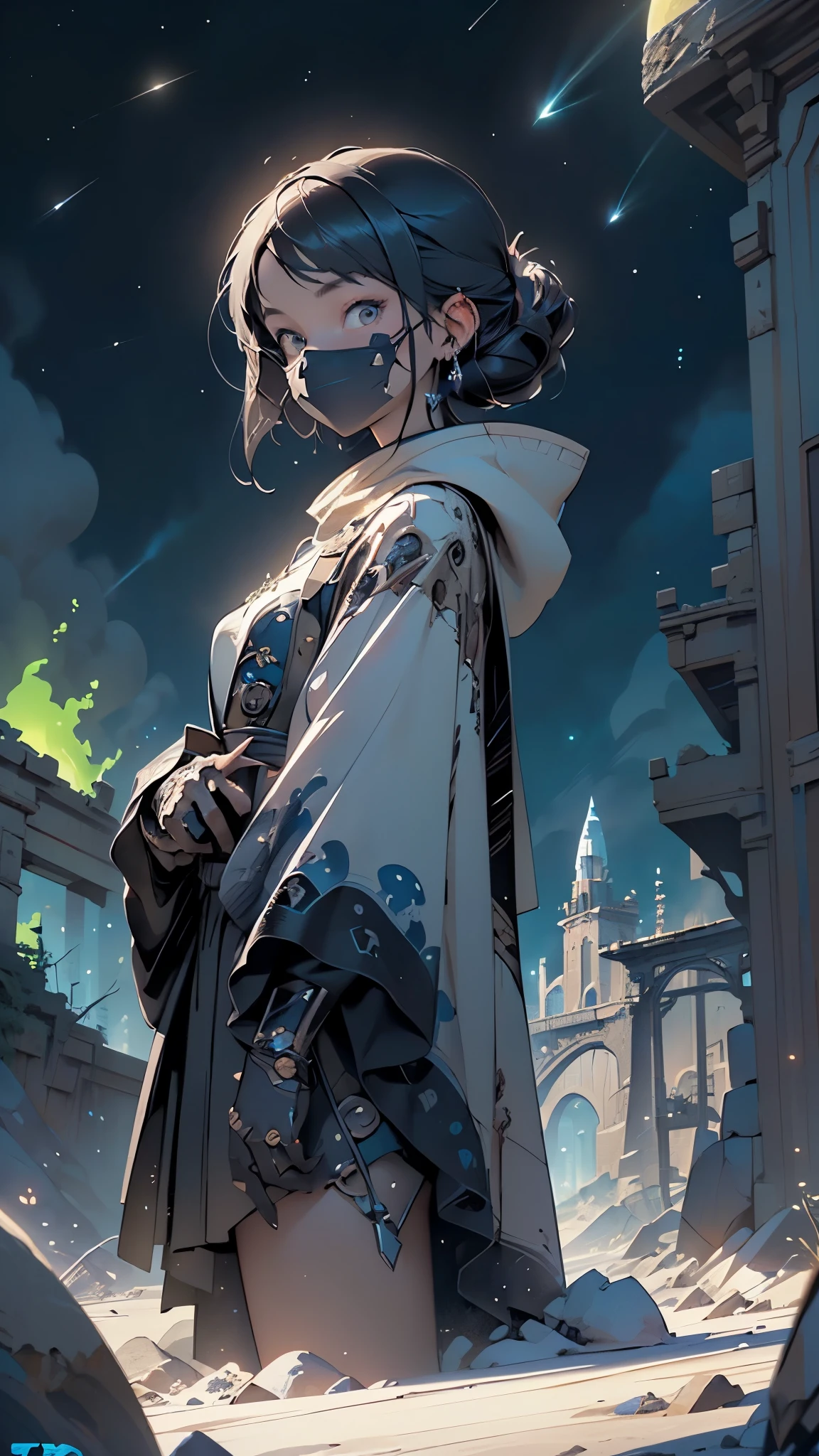 ((robot, cyborg)),((metal mask,robot face)),Shiny metal skin,Mechanical body parts,Mechanical gears and gears, (devoid of mouth), (Meticulous, Surgical precision),two bright eyes,
((wearing dark robes and cloak)),((hooded)),
((Fantastical Bridge Ancient:1.5, dark stone-built, Glowing blue:1.5)),((Starry sky,Unknown constellations)),(Night, Silence,Mystery),((Dark tones in the background)),((broken earth,asteroid field:1.5)),(jagged dark rocks boulders and debris shooting into the air:1.3),Extraterrestrial scenery,dark asteroid belt,surrounded by several dark asteroids glowing with fiery auras, vast and mysterious universe,cosmic landscape,mysterious planet,scenery:1.25,((intricate scenery)),(black background, stars that do not shine, sense of space),
(Glossy Ancient ornaments),highres,sharp focus,(ultra detailed,extremely detailed),(photorealistic artwork:1.37),(extremely detailed CG unity 8k wallpaper),(((vibrant colors,vibrant theme))),(intricate),(masterpiece),(best quality),artistic photography,(photography taken by sldr),(intricate background),((intricate detail)),(((realism))),