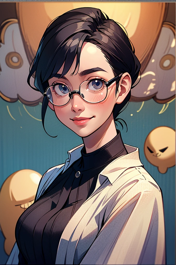 8k, highest quality, masterpiece, Realistic, Photorealistic, Ultra-detailed, Natural light, large breasts with good shape, I can see her cleavage, 1 person, 40-year-old woman, Black Hair, Beaver, Straight Hair, Silver-rimmed glasses, (Look at the viewers), Knitted V-neck shirt, Highly detailed face and skin, Detailed eyes, Highly detailed face and skin,日Book人,Mature Woman,Book,A big smile