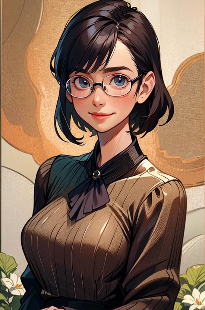 8k, highest quality, masterpiece, Realistic, Photorealistic, Ultra-detailed, Natural light, large breasts with good shape, I can see her cleavage, 1 person, 40-year-old woman, Black Hair, Beaver, Straight Hair, Silver-rimmed glasses, (Look at the viewers), Knitted V-neck shirt, Highly detailed face and skin, Detailed eyes, Highly detailed face and skin,日Book人,Mature Woman,Book,A big smile