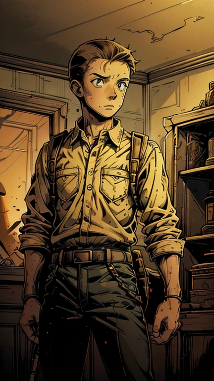 (Teens:1boy: Tintin,t3mu1), (extremely detailed CG unit 8k wallpaper),(master part), (best quality), (ultra detail), (best illustration),(in style of Dan Mumford), cowboy shot, (Sharp eyeliner, ombre, detailed eyes:1), ancient tomb reelunsettling indoors background, ,break , (fine line art), upper body,short hair, black hair,white top,brown pants