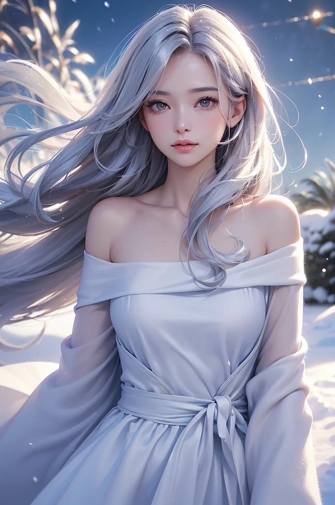 ((masterpiece:1.5、8k、Portraiture、フォトリアリスティックでVery detailedなCG、Very detailed、Particle Effects、Dynamic Effects、Shallow depth of field、Cinematic Light、Lens flare、Ray Tracing、Tabletop、Realistic:1.4、Ultra-high resolution:1.2、Realistic、Realistic))((alone、,A woman wearing a cashmere coat over an off-the-shoulder dress:1.4、Elegant woman posing、Detailed face、bright表情、young, bright, Whiter skin、Ample breasts、Best Looks、Ultimate beauty、Shiny silver hair with highlights、bright and shiny hair,、Super long, Silky straight hair、Hair dancing in the wind))(morning、The setting is outdoors in the snow、Surrounded by illuminations)