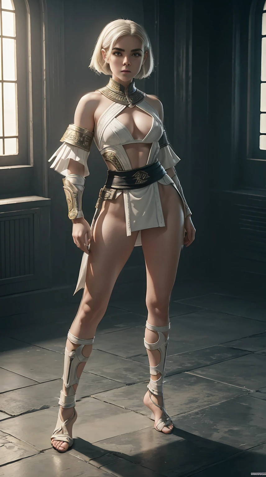 ((Full body photo, standing, feet on the floor))Kiernan shipka, white one side shaved haircut, in mortal kombat Shao Kahn outfit, full body, provocative pose, cinematic, intricate details, ray tracing, hell background.