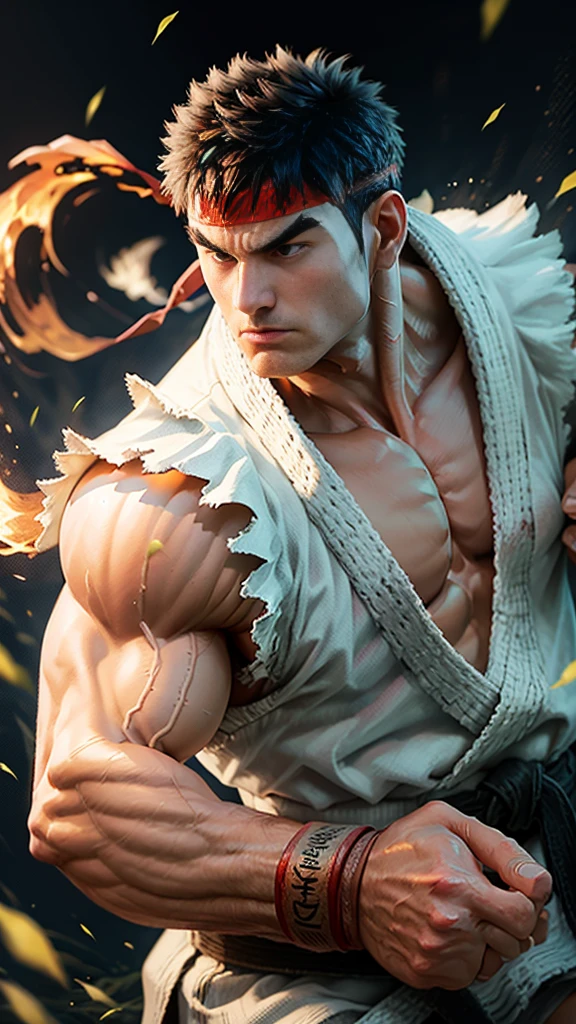 1  man ryu solo、Fighting Game Fighter、street fighter , wearing complete karate kimono、Fitness Body Shape、Pose ready to fight、battle look, close up,  karate pose, making a hadoken special move