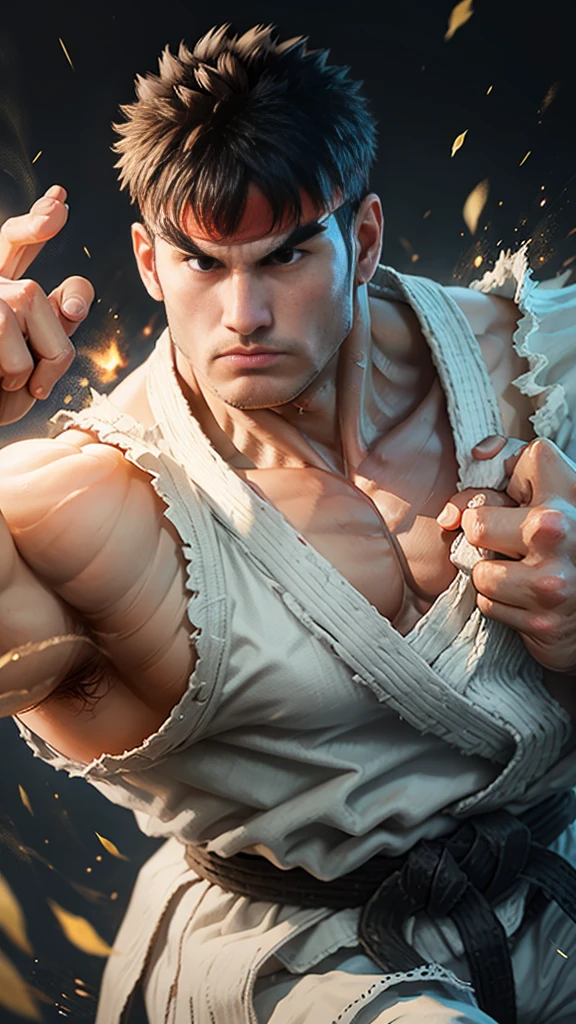 1  man ryu solo、Fighting Game Fighter、street fighter , wearing complete karate kimono、Fitness Body Shape、Pose ready to fight、battle look, close up,  karate pose, making a hadoken special move