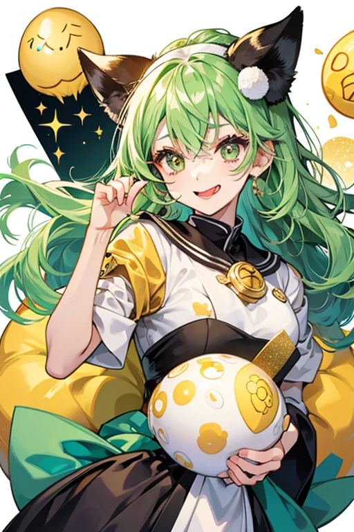 Eggbert Tamago girl is a ball of rice wrapped in seaweed with a piece of egg on top of it to match her yellow ears. sHe has an excited expression with a curled tongue. SPARKLE; GLITTER
